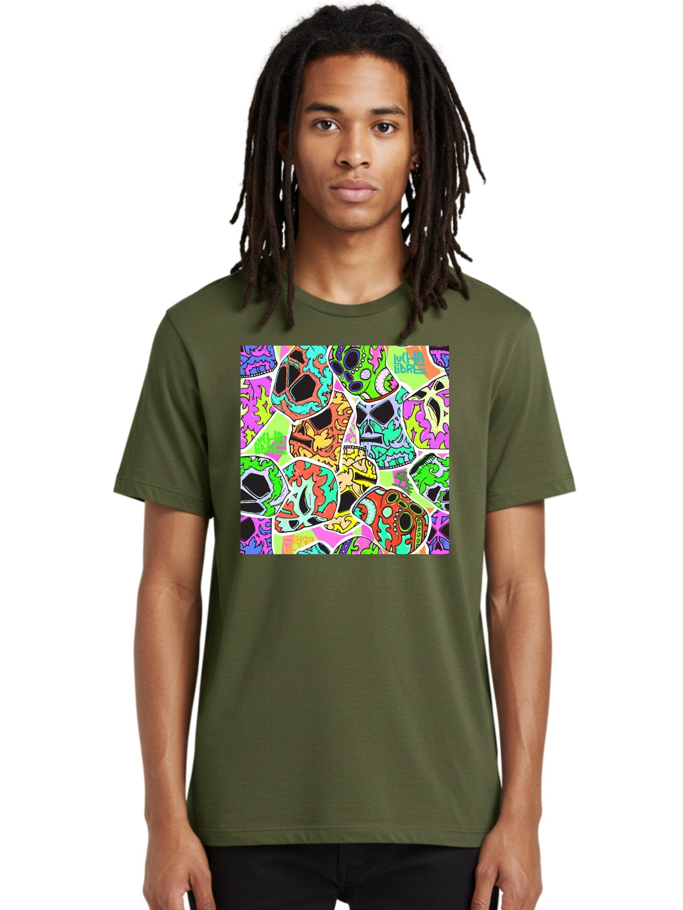 Lull-Em-Bars-Sugar-Skulls Men'S Graphic Tee, 100% Cotton, Comfortable Casual Summer Wear, Machine Washable, Psychedelic Skulls, Vibrant Colors, Floral Patterns, Abstract Designs, Colorful Artwork, Skull Art, Digital Illustration, Lull 'Em Bars Aac403 24