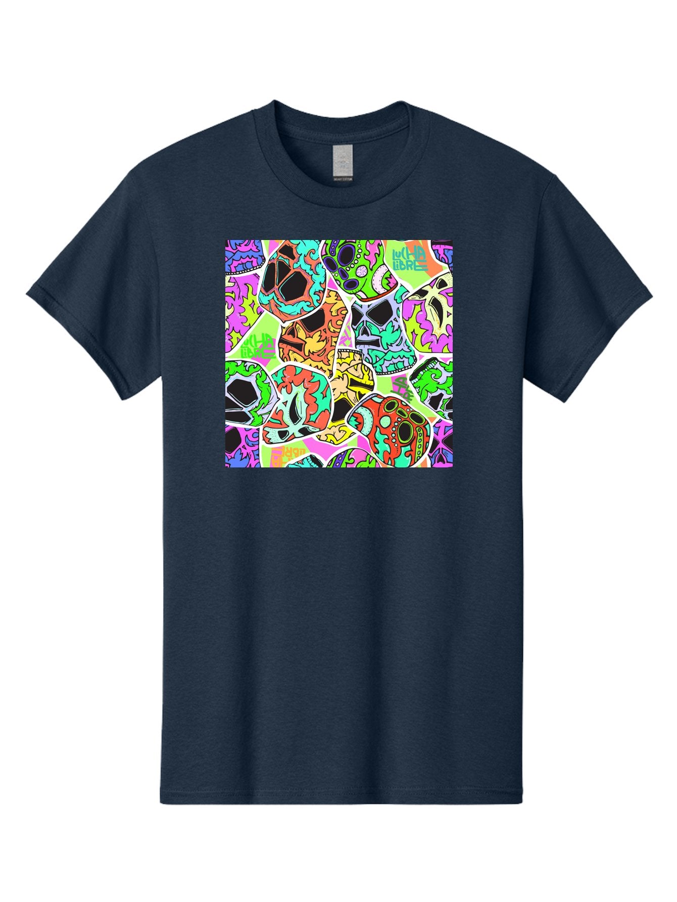 Lull-Em-Bars-Sugar-Skulls Men'S Graphic Tee, 100% Cotton, Comfortable Casual Summer Wear, Machine Washable, Psychedelic Skulls, Vibrant Colors, Floral Patterns, Abstract Designs, Colorful Artwork, Skull Art, Digital Illustration, Lull 'Em Bars Aac403