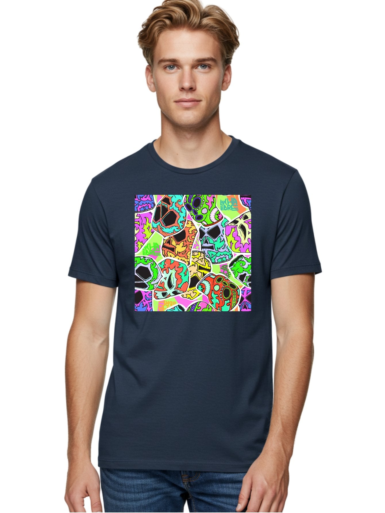Lull-Em-Bars-Sugar-Skulls Men'S Graphic Tee, 100% Cotton, Comfortable Casual Summer Wear, Machine Washable, Psychedelic Skulls, Vibrant Colors, Floral Patterns, Abstract Designs, Colorful Artwork, Skull Art, Digital Illustration, Lull 'Em Bars Aac403 21
