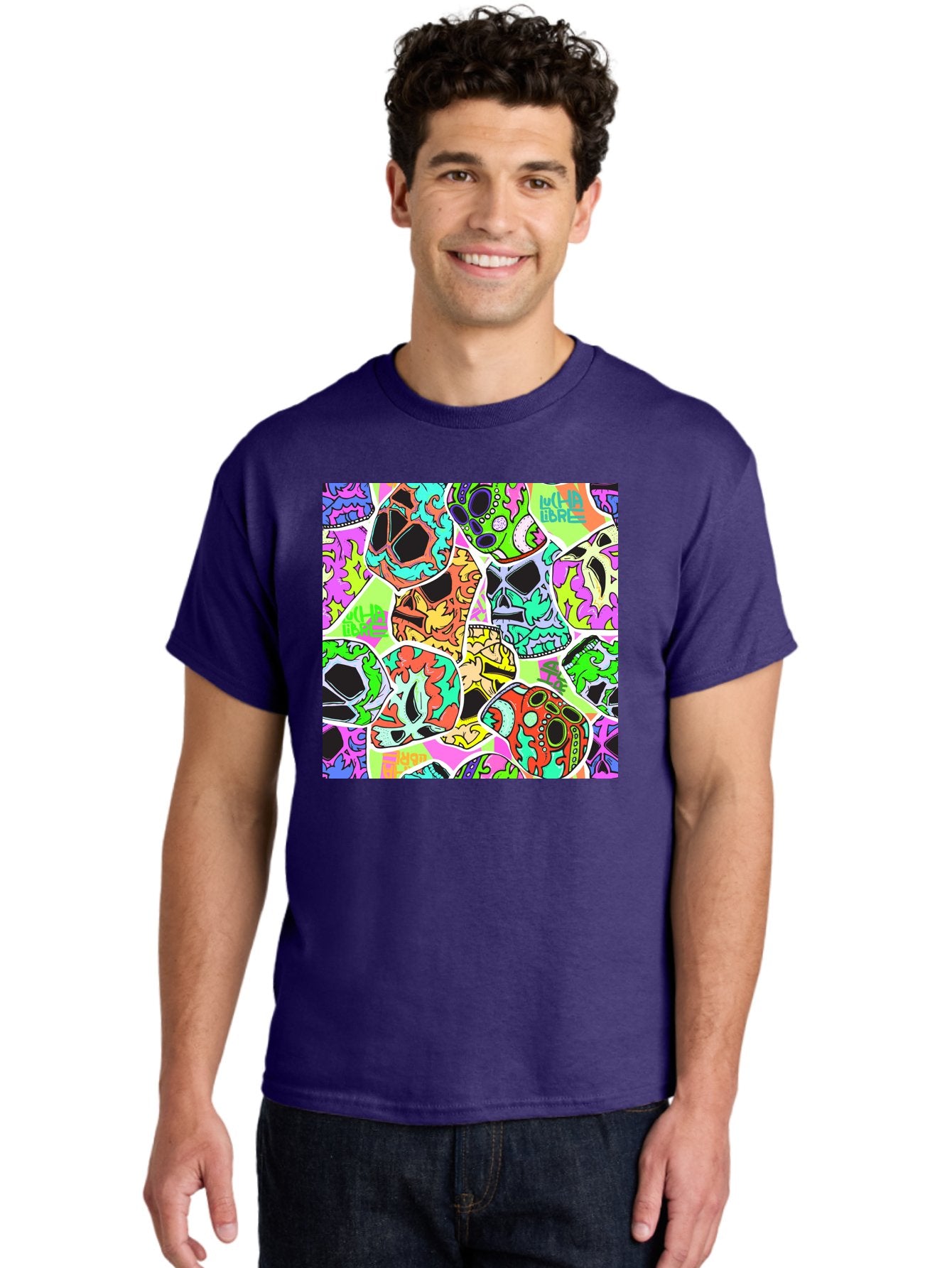 Lull-Em-Bars-Sugar-Skulls Men'S Graphic Tee, 100% Cotton, Comfortable Casual Summer Wear, Machine Washable, Psychedelic Skulls, Vibrant Colors, Floral Patterns, Abstract Designs, Colorful Artwork, Skull Art, Digital Illustration, Lull 'Em Bars Aac403 30