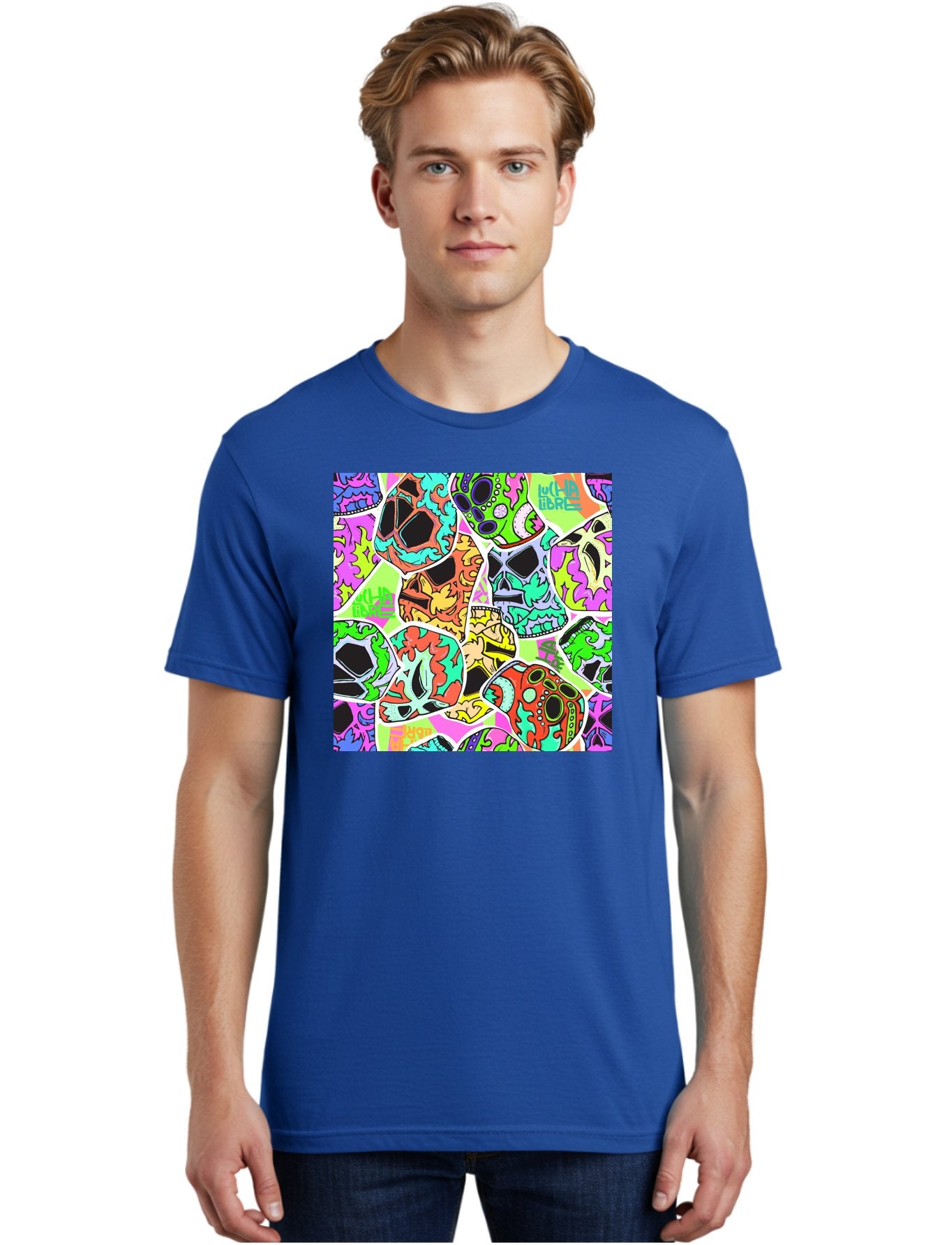 Lull-Em-Bars-Sugar-Skulls Men'S Graphic Tee, 100% Cotton, Comfortable Casual Summer Wear, Machine Washable, Psychedelic Skulls, Vibrant Colors, Floral Patterns, Abstract Designs, Colorful Artwork, Skull Art, Digital Illustration, Lull 'Em Bars Aac403 25