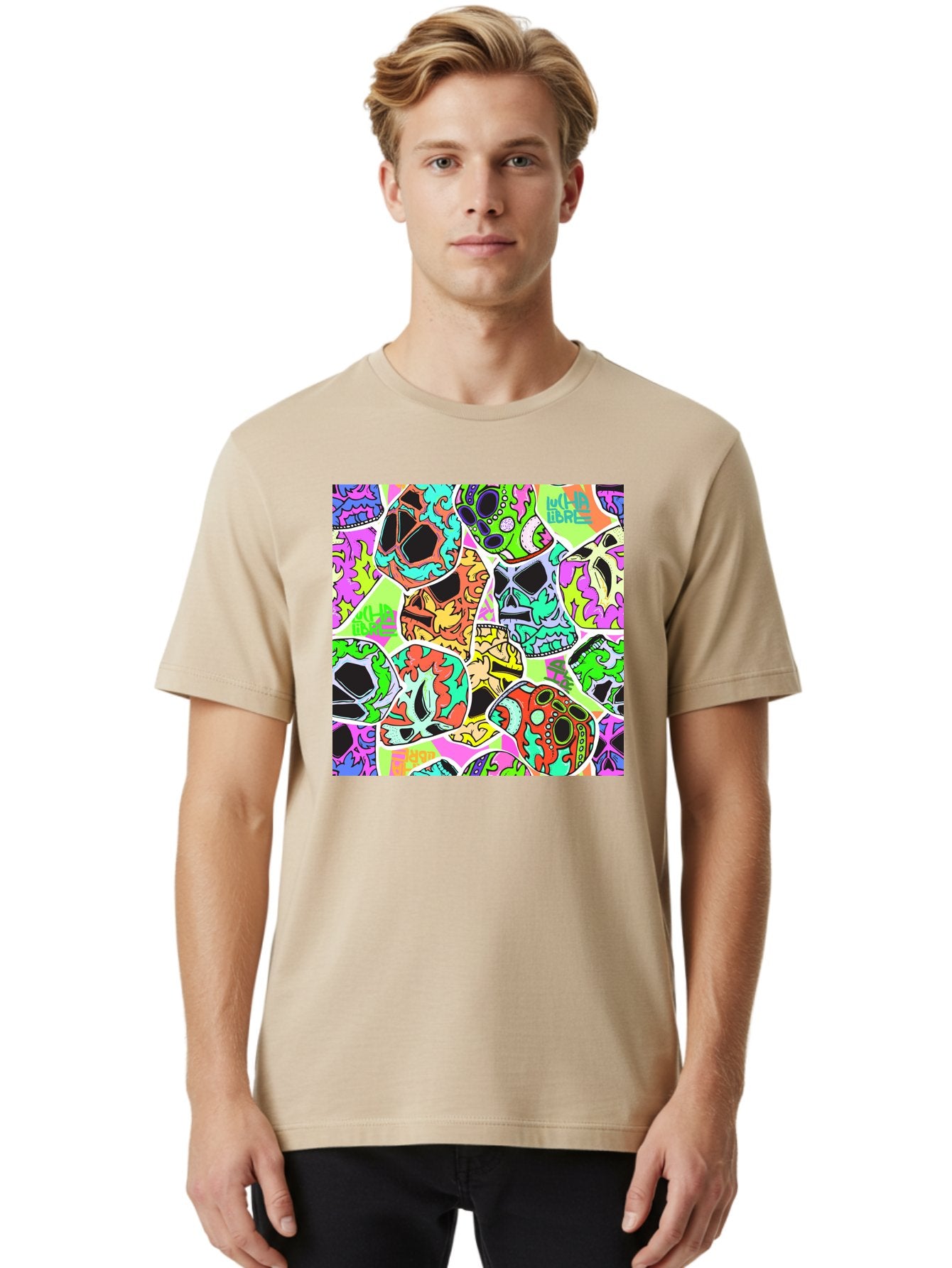 Lull-Em-Bars-Sugar-Skulls Men'S Graphic Tee, 100% Cotton, Comfortable Casual Summer Wear, Machine Washable, Psychedelic Skulls, Vibrant Colors, Floral Patterns, Abstract Designs, Colorful Artwork, Skull Art, Digital Illustration, Lull 'Em Bars Aac403 17