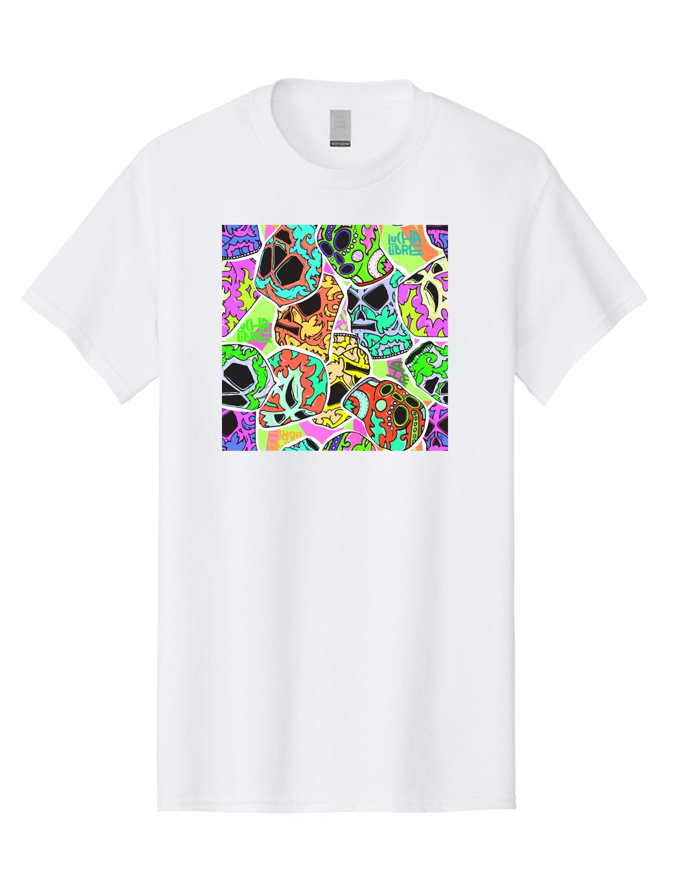 Lull-Em-Bars-Sugar-Skulls Men'S Graphic Tee, 100% Cotton, Comfortable Casual Summer Wear, Machine Washable, Psychedelic Skulls, Vibrant Colors, Floral Patterns, Abstract Designs, Colorful Artwork, Skull Art, Digital Illustration, Lull 'Em Bars Aac403 12