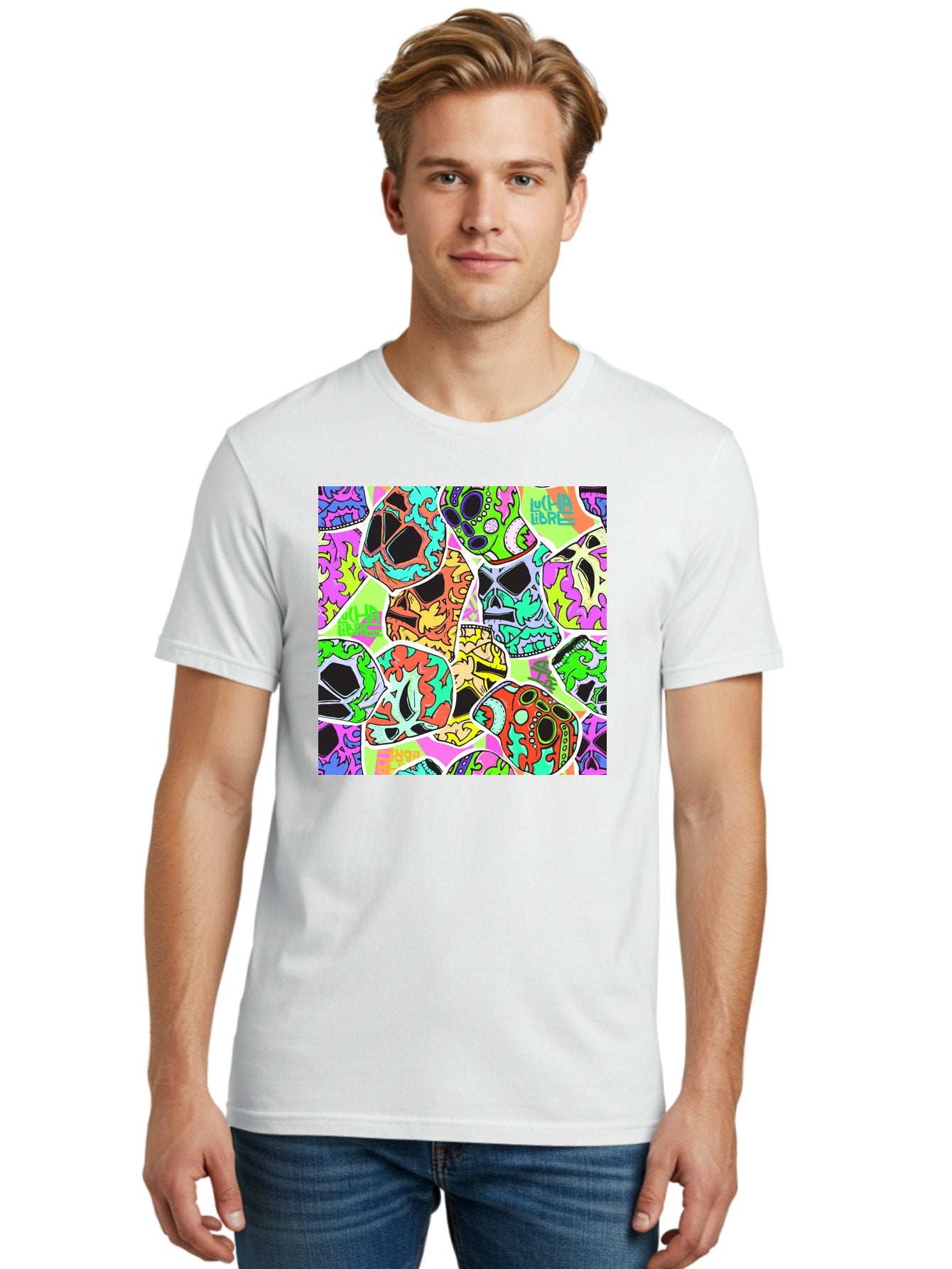 Lull-Em-Bars-Sugar-Skulls Men'S Graphic Tee, 100% Cotton, Comfortable Casual Summer Wear, Machine Washable, Psychedelic Skulls, Vibrant Colors, Floral Patterns, Abstract Designs, Colorful Artwork, Skull Art, Digital Illustration, Lull 'Em Bars Aac403 28