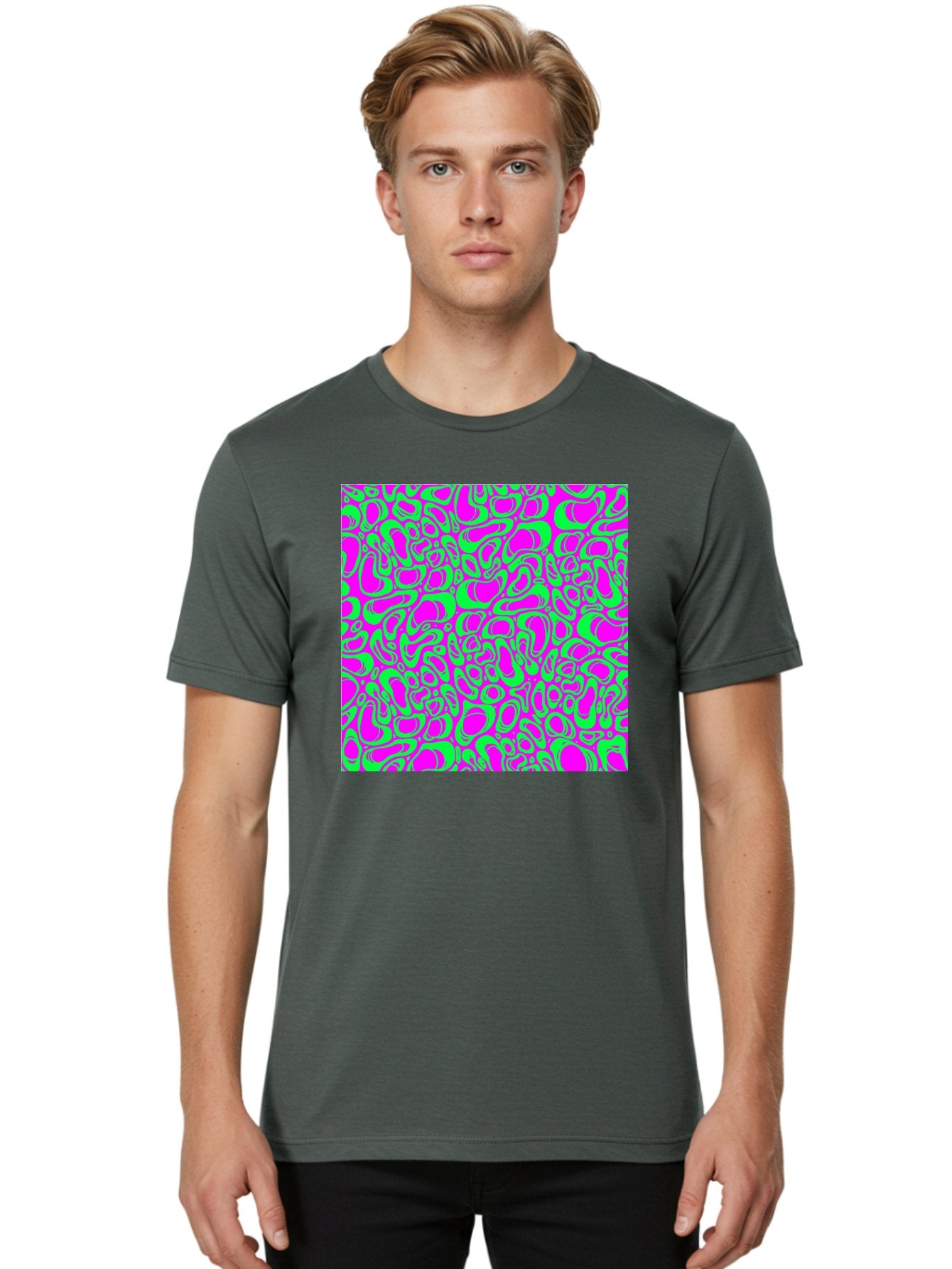 Magenta-And-Green-Pattern Men'S Graphic Tee, 100% Cotton, Comfortable Casual Summer Wear, Machine Washable, Leopard Print Pattern, Animal Print Design, Vibrant Colors, Bold Fashion Statement, Abstract Texture, Colorful Graphic Aac404 29