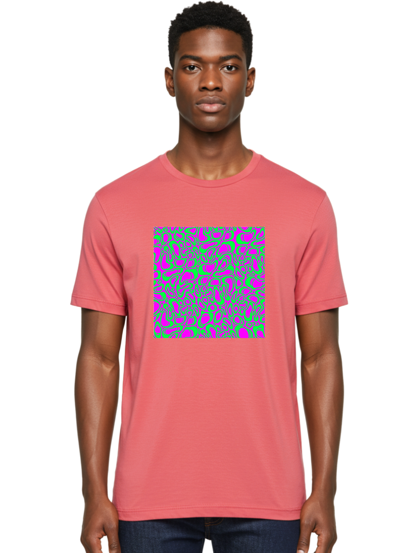 Magenta-And-Green-Pattern Men'S Graphic Tee, 100% Cotton, Comfortable Casual Summer Wear, Machine Washable, Leopard Print Pattern, Animal Print Design, Vibrant Colors, Bold Fashion Statement, Abstract Texture, Colorful Graphic Aac404 28