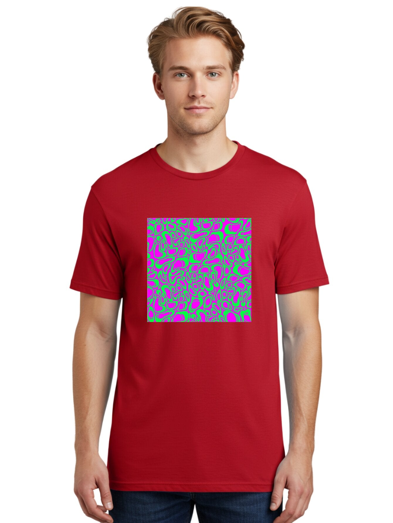 Magenta-And-Green-Pattern Men'S Graphic Tee, 100% Cotton, Comfortable Casual Summer Wear, Machine Washable, Leopard Print Pattern, Animal Print Design, Vibrant Colors, Bold Fashion Statement, Abstract Texture, Colorful Graphic Aac404 22