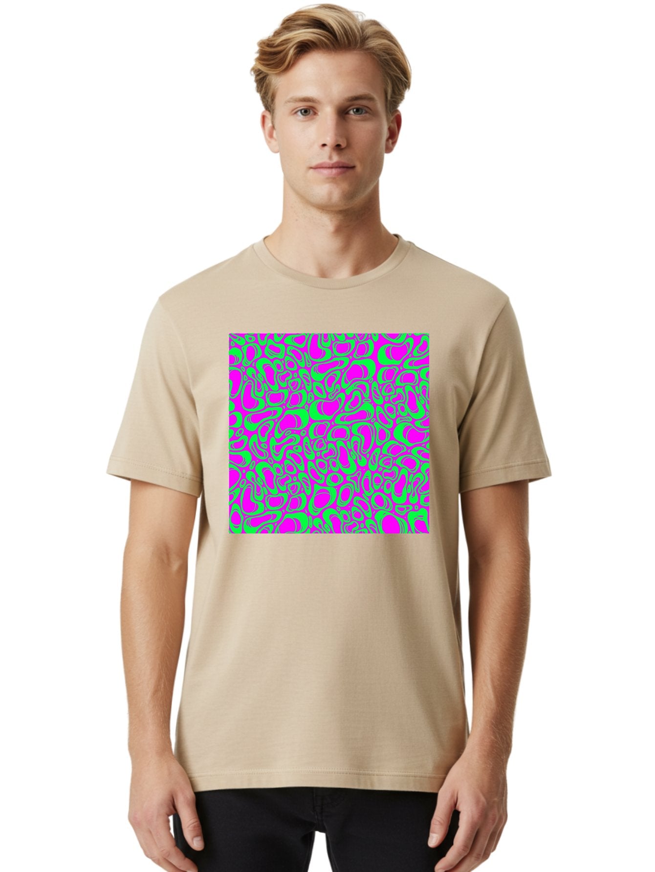 Magenta-And-Green-Pattern Men'S Graphic Tee, 100% Cotton, Comfortable Casual Summer Wear, Machine Washable, Leopard Print Pattern, Animal Print Design, Vibrant Colors, Bold Fashion Statement, Abstract Texture, Colorful Graphic Aac404 25