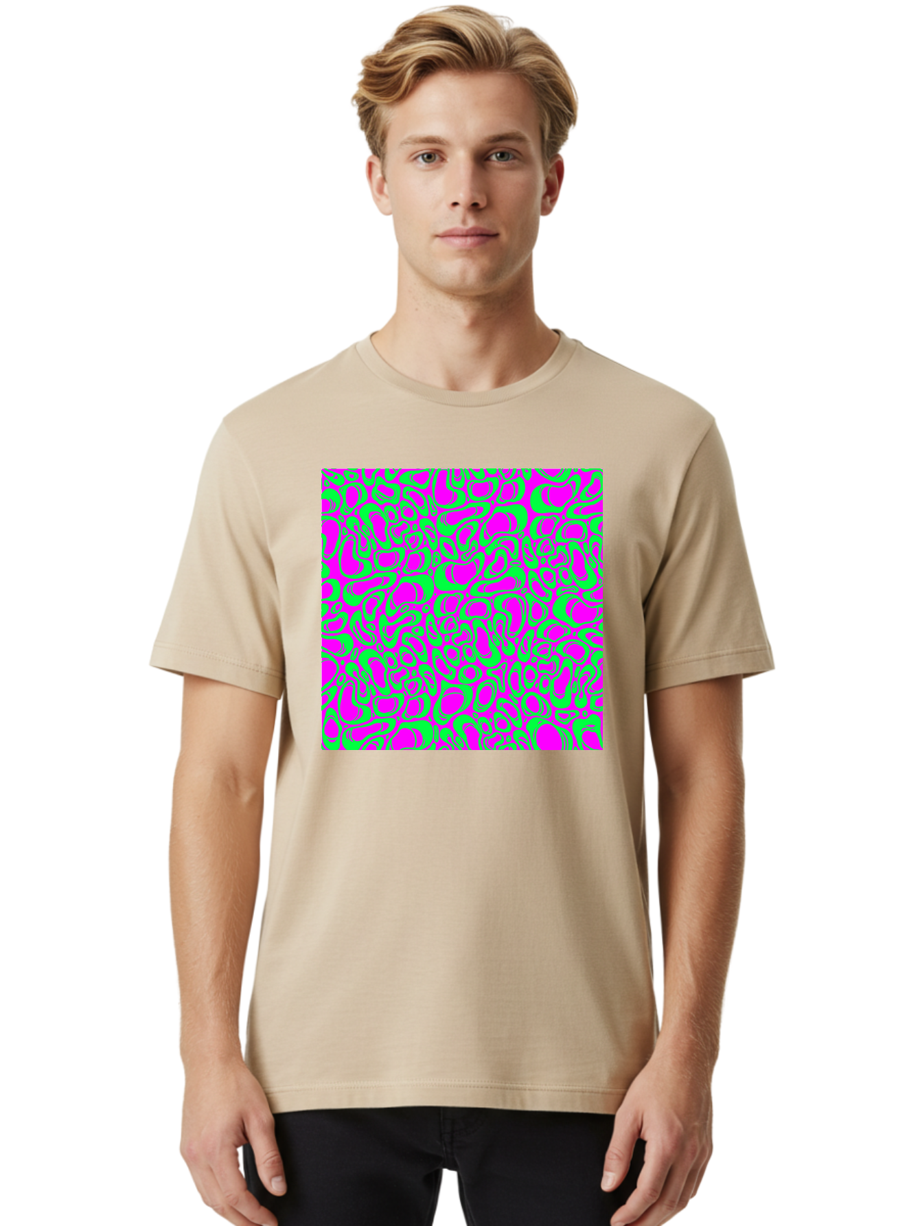 Magenta-And-Green-Pattern Men'S Graphic Tee, 100% Cotton, Comfortable Casual Summer Wear, Machine Washable, Leopard Print Pattern, Animal Print Design, Vibrant Colors, Bold Fashion Statement, Abstract Texture, Colorful Graphic Aac404 12