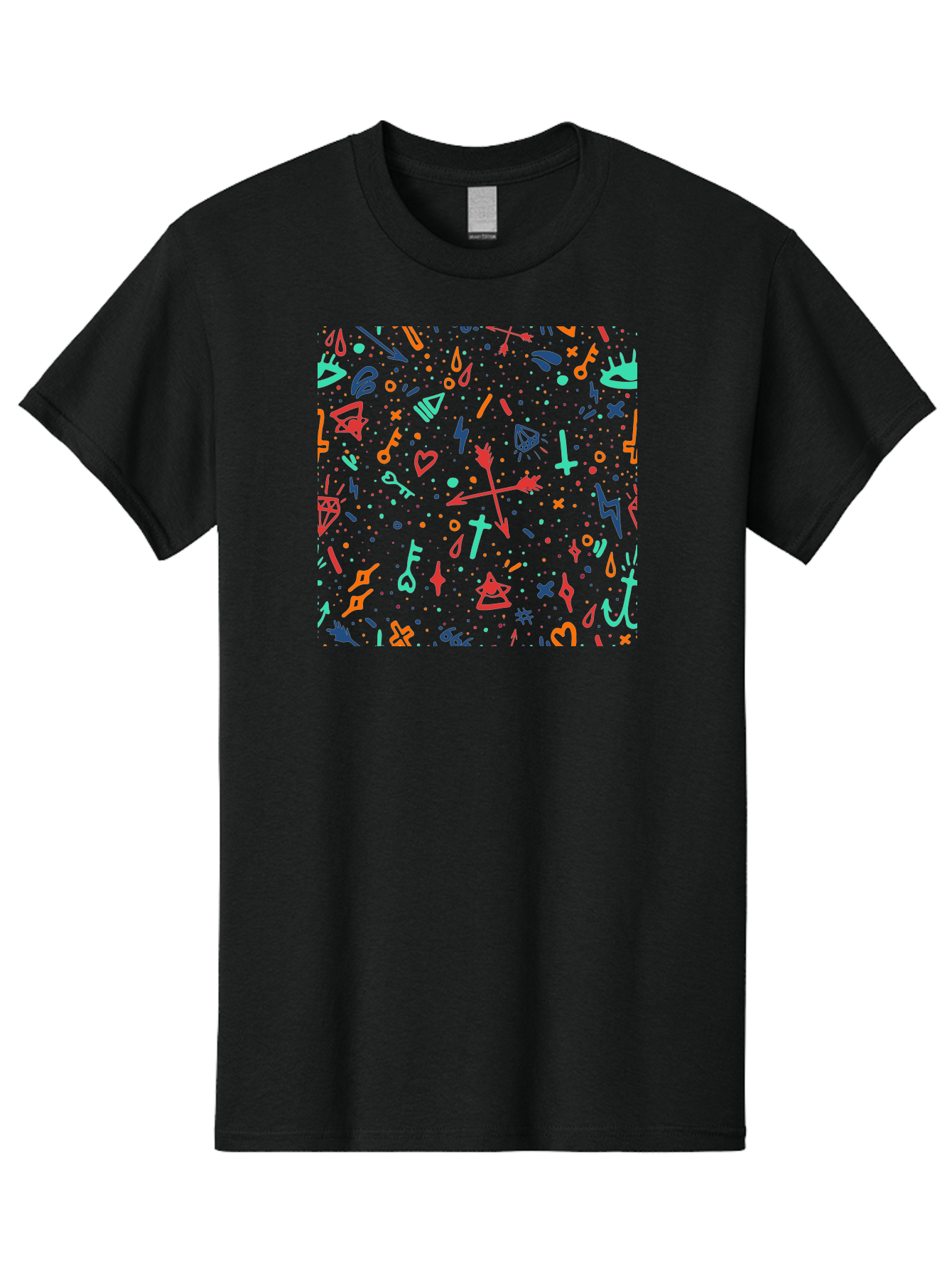 Memphis-Pattern Men'S Graphic Tee, 100% Cotton, Comfortable Casual Summer Wear, Machine Washable, Symbolic Patterns, Mystical Symbols, Occult Designs, Magical Elements, Daggers, Keys, Hearts, Stars, Mystical Themes, Spiritual Motifs, Aac405 9