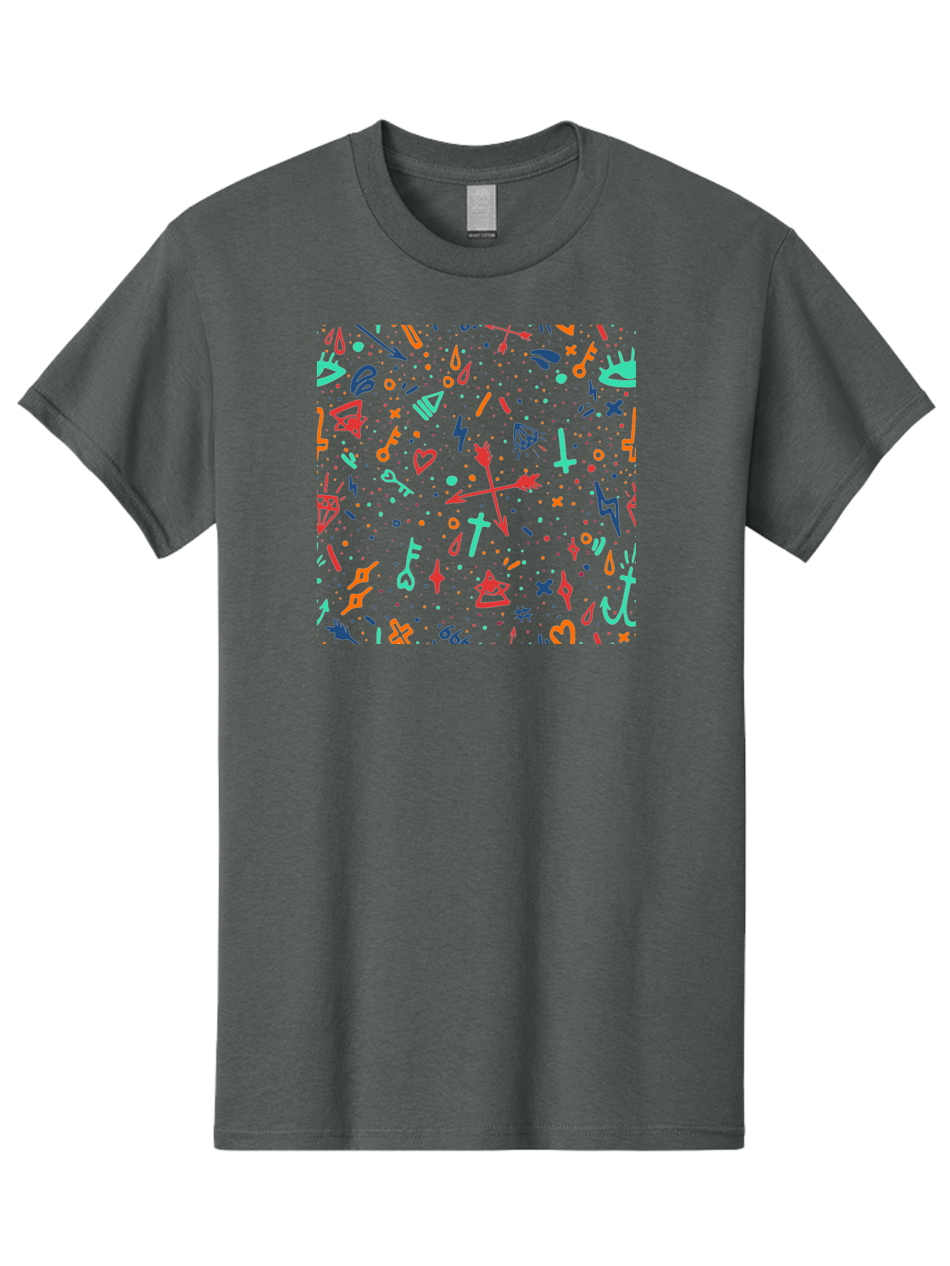 Memphis-Pattern Men'S Graphic Tee, 100% Cotton, Comfortable Casual Summer Wear, Machine Washable, Symbolic Patterns, Mystical Symbols, Occult Designs, Magical Elements, Daggers, Keys, Hearts, Stars, Mystical Themes, Spiritual Motifs, Aac405 23