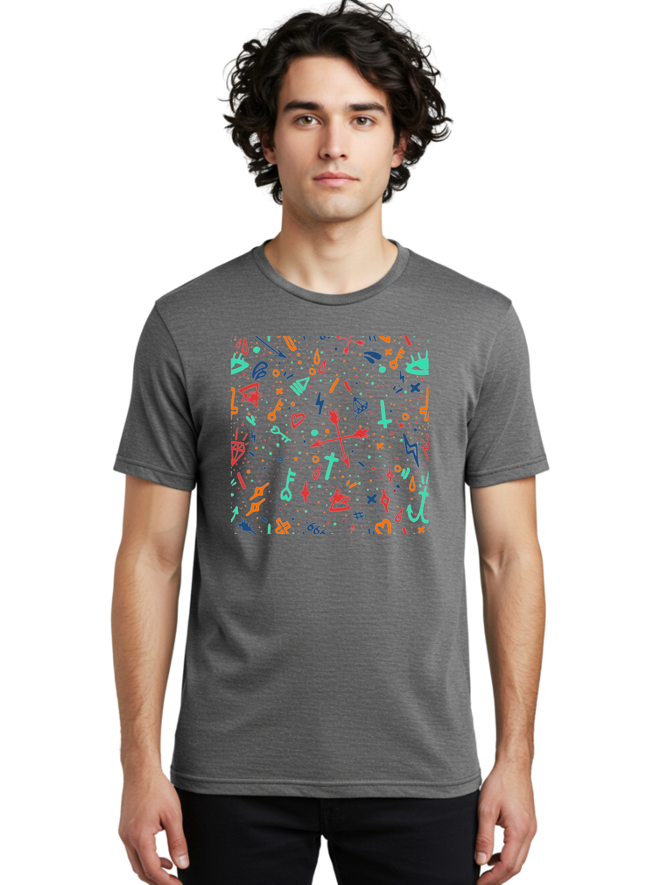 Memphis-Pattern Men'S Graphic Tee, 100% Cotton, Comfortable Casual Summer Wear, Machine Washable, Symbolic Patterns, Mystical Symbols, Occult Designs, Magical Elements, Daggers, Keys, Hearts, Stars, Mystical Themes, Spiritual Motifs, Aac405 20