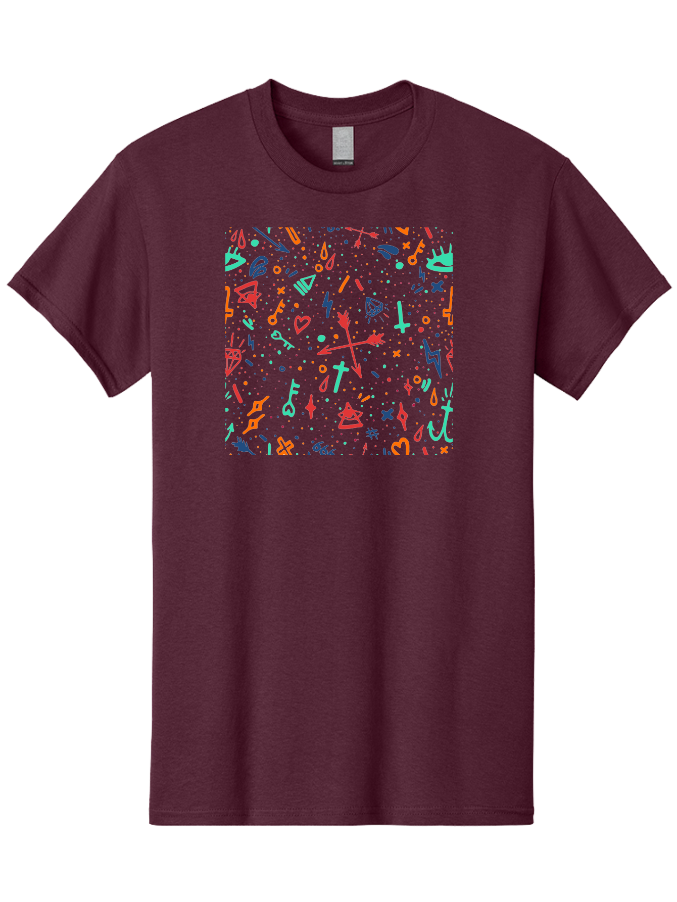 Memphis-Pattern Men'S Graphic Tee, 100% Cotton, Comfortable Casual Summer Wear, Machine Washable, Symbolic Patterns, Mystical Symbols, Occult Designs, Magical Elements, Daggers, Keys, Hearts, Stars, Mystical Themes, Spiritual Motifs, Aac405 5