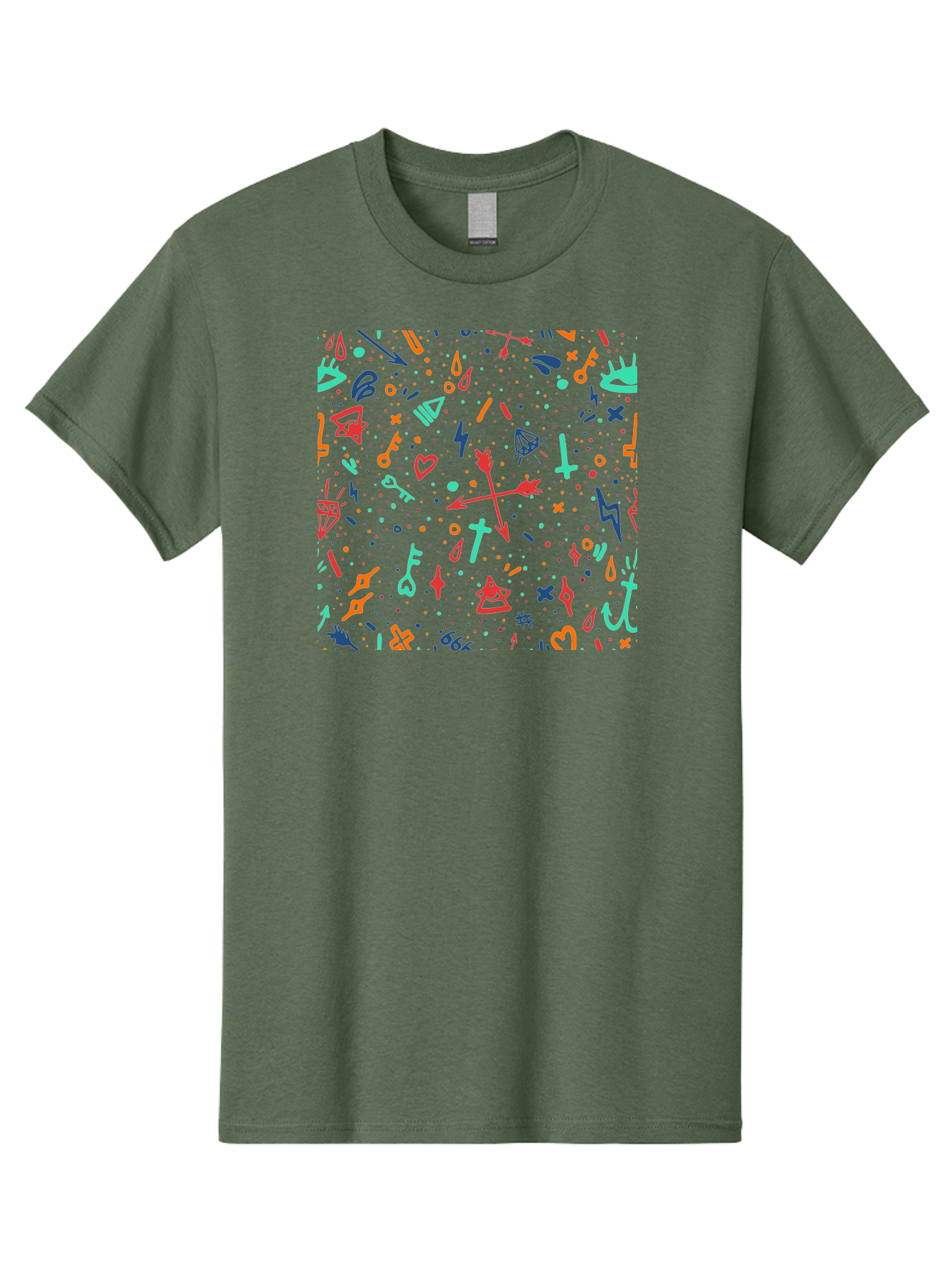 Memphis-Pattern Men'S Graphic Tee, 100% Cotton, Comfortable Casual Summer Wear, Machine Washable, Symbolic Patterns, Mystical Symbols, Occult Designs, Magical Elements, Daggers, Keys, Hearts, Stars, Mystical Themes, Spiritual Motifs, Aac405 27