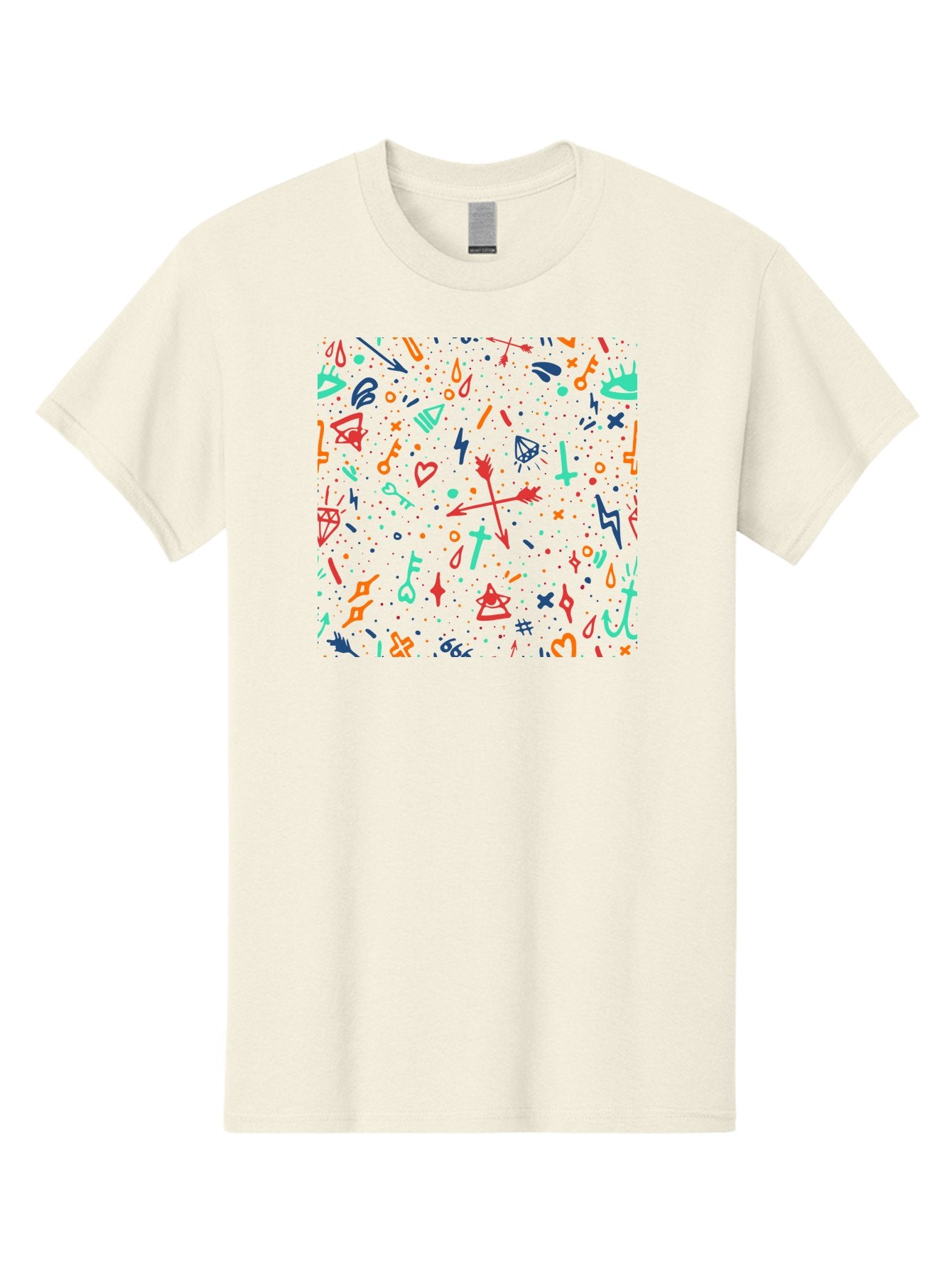 Memphis-Pattern Men'S Graphic Tee, 100% Cotton, Comfortable Casual Summer Wear, Machine Washable, Symbolic Patterns, Mystical Symbols, Occult Designs, Magical Elements, Daggers, Keys, Hearts, Stars, Mystical Themes, Spiritual Motifs, Aac405 8