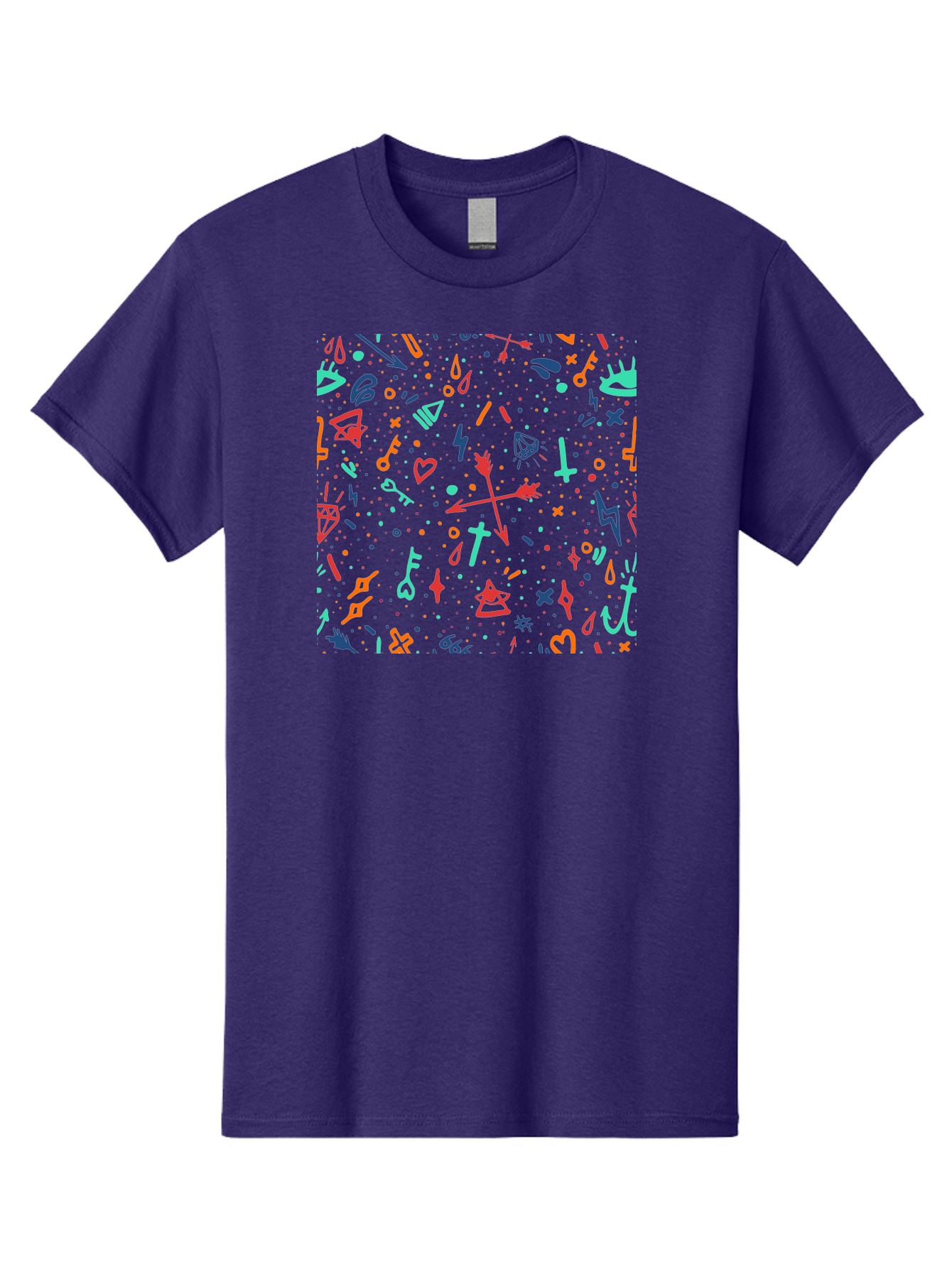 Memphis-Pattern Men'S Graphic Tee, 100% Cotton, Comfortable Casual Summer Wear, Machine Washable, Symbolic Patterns, Mystical Symbols, Occult Designs, Magical Elements, Daggers, Keys, Hearts, Stars, Mystical Themes, Spiritual Motifs, Aac405 29