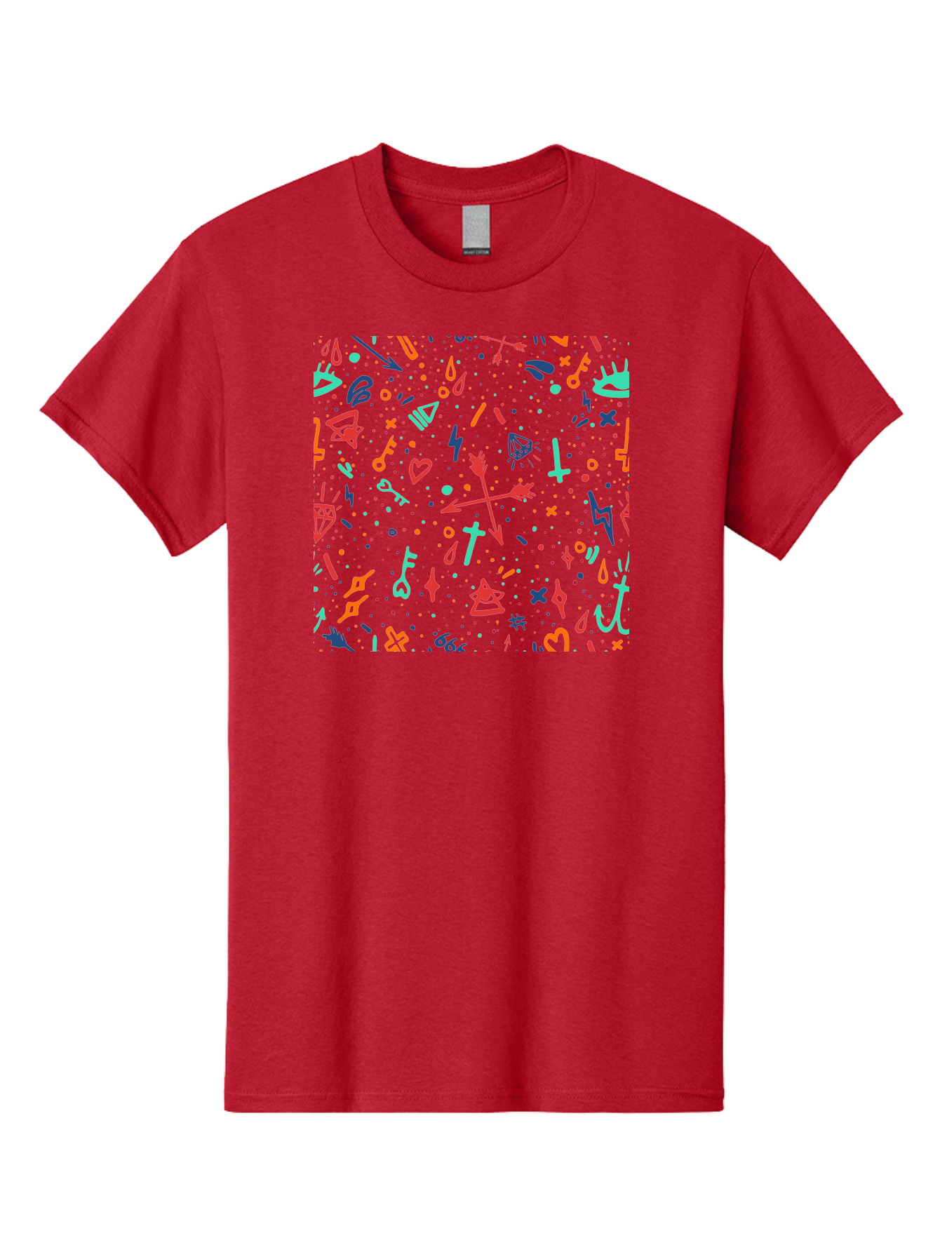 Memphis-Pattern Men'S Graphic Tee, 100% Cotton, Comfortable Casual Summer Wear, Machine Washable, Symbolic Patterns, Mystical Symbols, Occult Designs, Magical Elements, Daggers, Keys, Hearts, Stars, Mystical Themes, Spiritual Motifs, Aac405 17