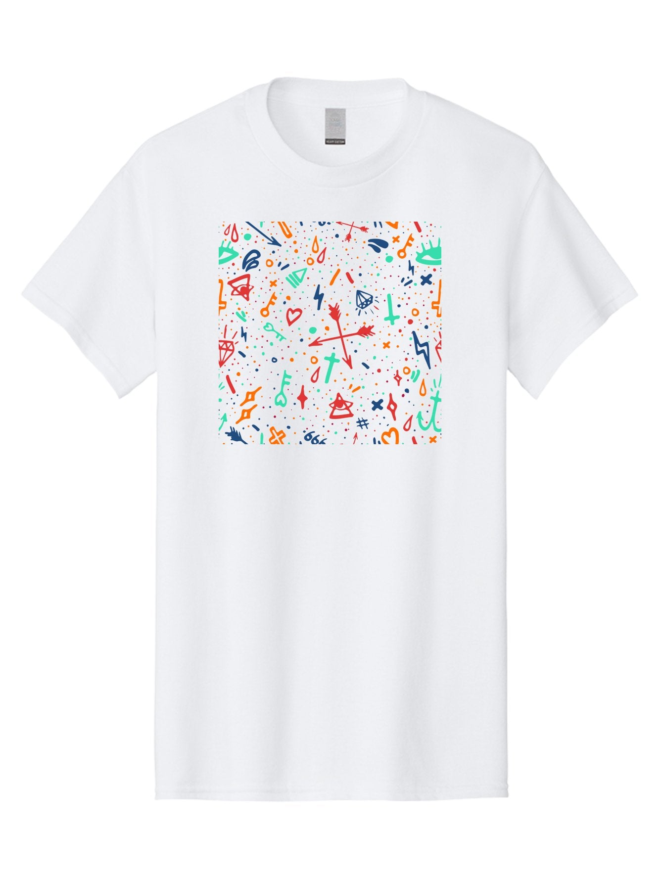 Memphis-Pattern Men'S Graphic Tee, 100% Cotton, Comfortable Casual Summer Wear, Machine Washable, Symbolic Patterns, Mystical Symbols, Occult Designs, Magical Elements, Daggers, Keys, Hearts, Stars, Mystical Themes, Spiritual Motifs, Aac405 7