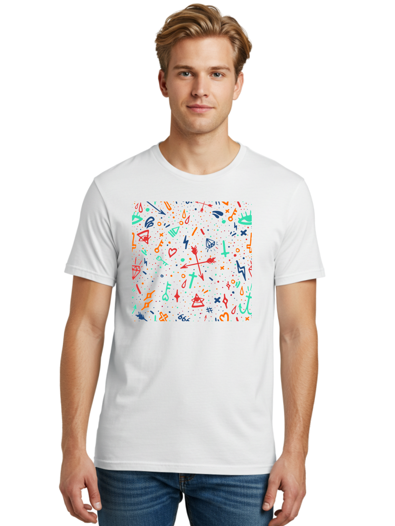 Memphis-Pattern Men'S Graphic Tee, 100% Cotton, Comfortable Casual Summer Wear, Machine Washable, Symbolic Patterns, Mystical Symbols, Occult Designs, Magical Elements, Daggers, Keys, Hearts, Stars, Mystical Themes, Spiritual Motifs, Aac405 26