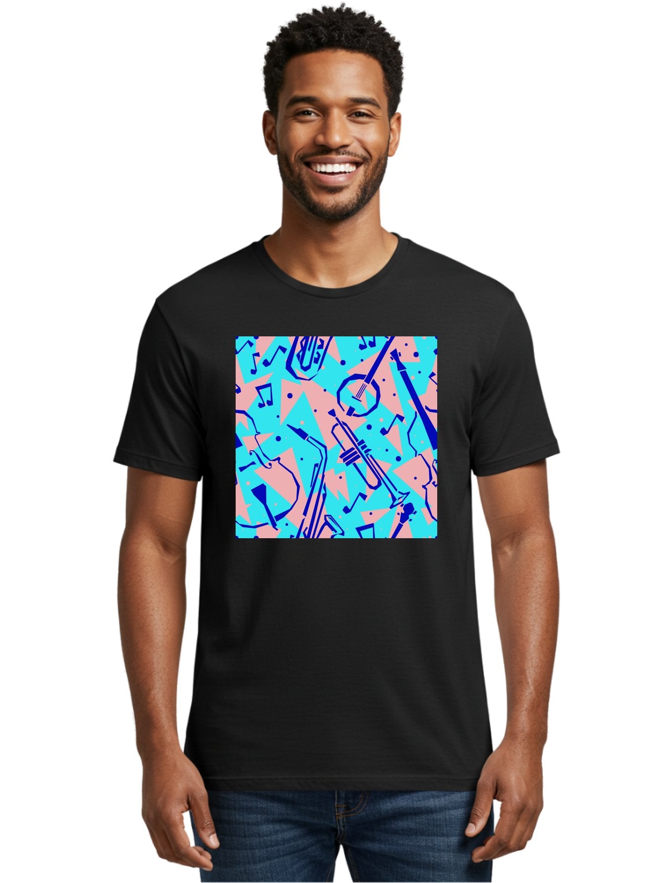 Music-Instruments-Pattern Men'S Graphic Tee, 100% Cotton, Comfortable Casual Summer Wear, Machine Washable, Musical Instruments, Jazz Instruments, Trumpet, Saxophone, Music Notes, Abstract Pattern, Creative Design, Vibrant Colors, Aac408 18