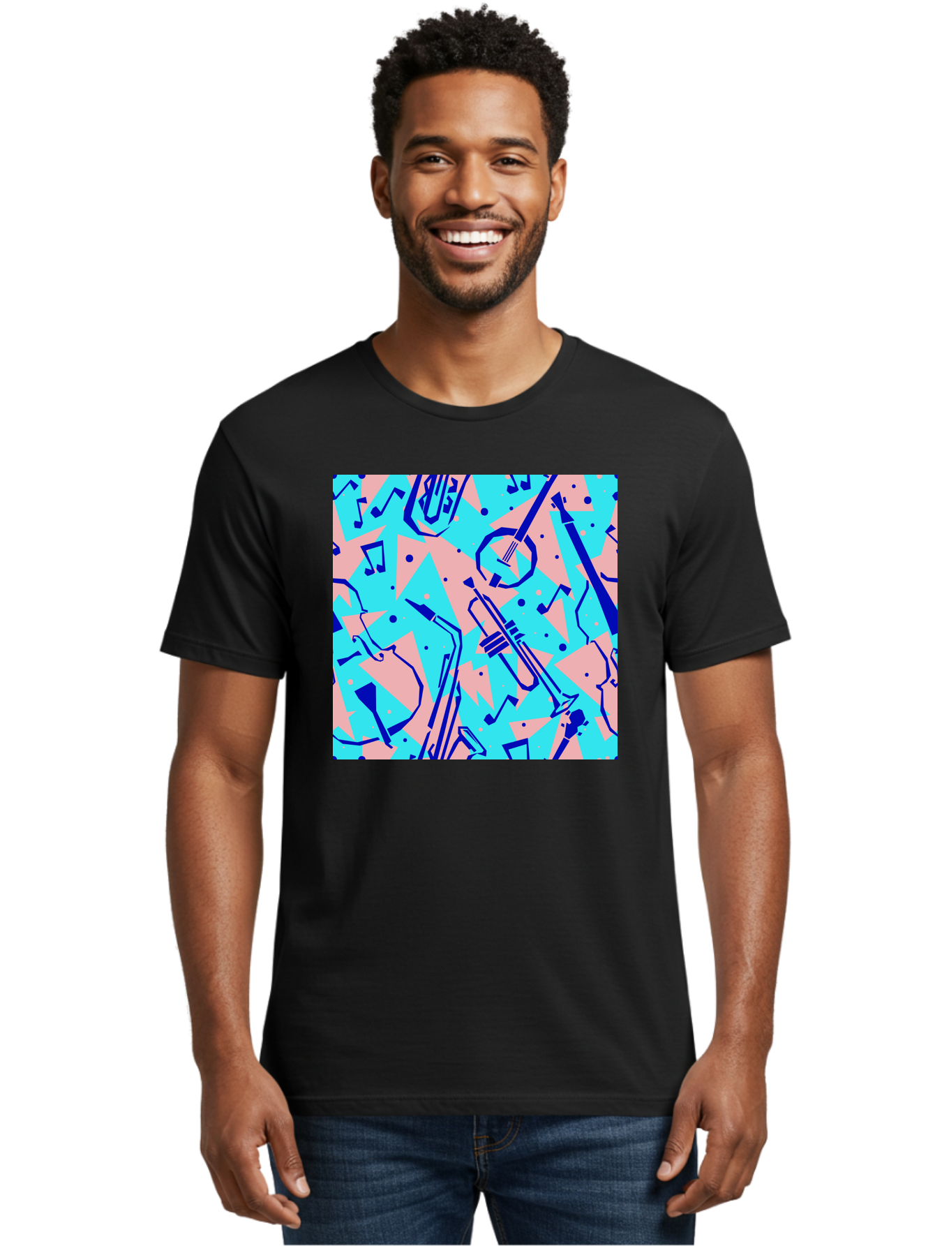 Music-Instruments-Pattern Men'S Graphic Tee, 100% Cotton, Comfortable Casual Summer Wear, Machine Washable, Musical Instruments, Jazz Instruments, Trumpet, Saxophone, Music Notes, Abstract Pattern, Creative Design, Vibrant Colors, Aac408 24