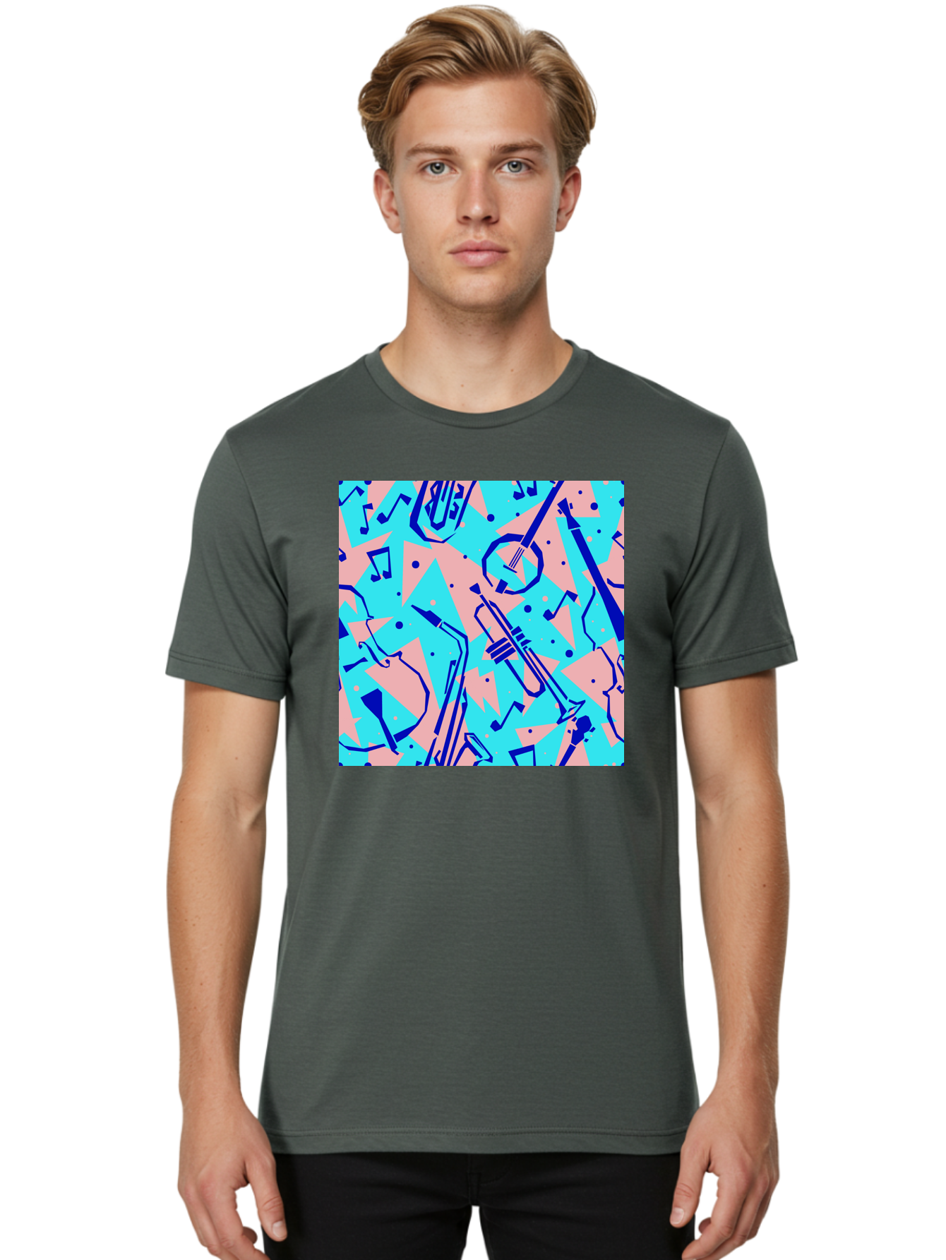 Music-Instruments-Pattern Men'S Graphic Tee, 100% Cotton, Comfortable Casual Summer Wear, Machine Washable, Musical Instruments, Jazz Instruments, Trumpet, Saxophone, Music Notes, Abstract Pattern, Creative Design, Vibrant Colors, Aac408 28