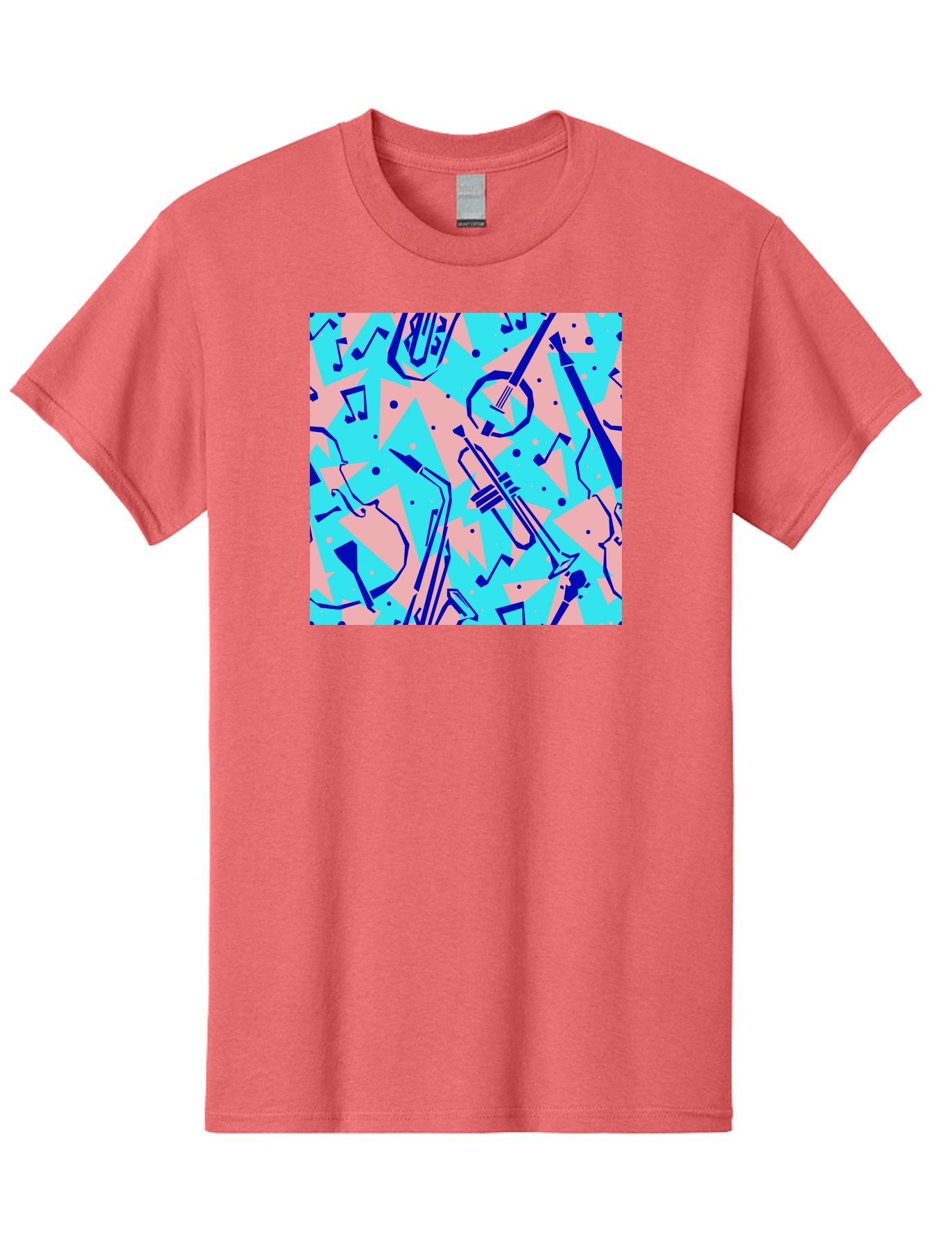 Music-Instruments-Pattern Men'S Graphic Tee, 100% Cotton, Comfortable Casual Summer Wear, Machine Washable, Musical Instruments, Jazz Instruments, Trumpet, Saxophone, Music Notes, Abstract Pattern, Creative Design, Vibrant Colors, Aac408 11