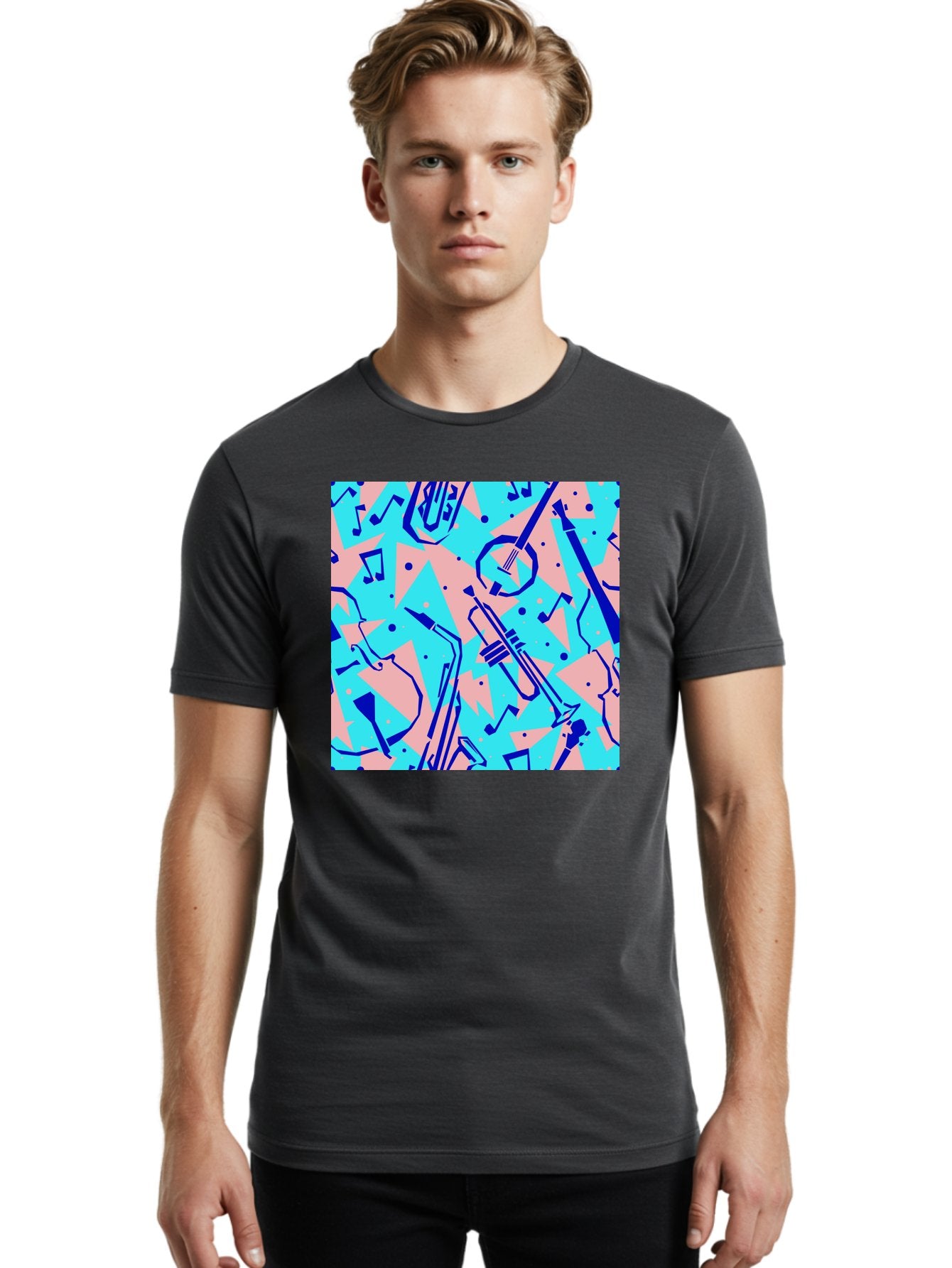 Music-Instruments-Pattern Men'S Graphic Tee, 100% Cotton, Comfortable Casual Summer Wear, Machine Washable, Musical Instruments, Jazz Instruments, Trumpet, Saxophone, Music Notes, Abstract Pattern, Creative Design, Vibrant Colors, Aac408 16