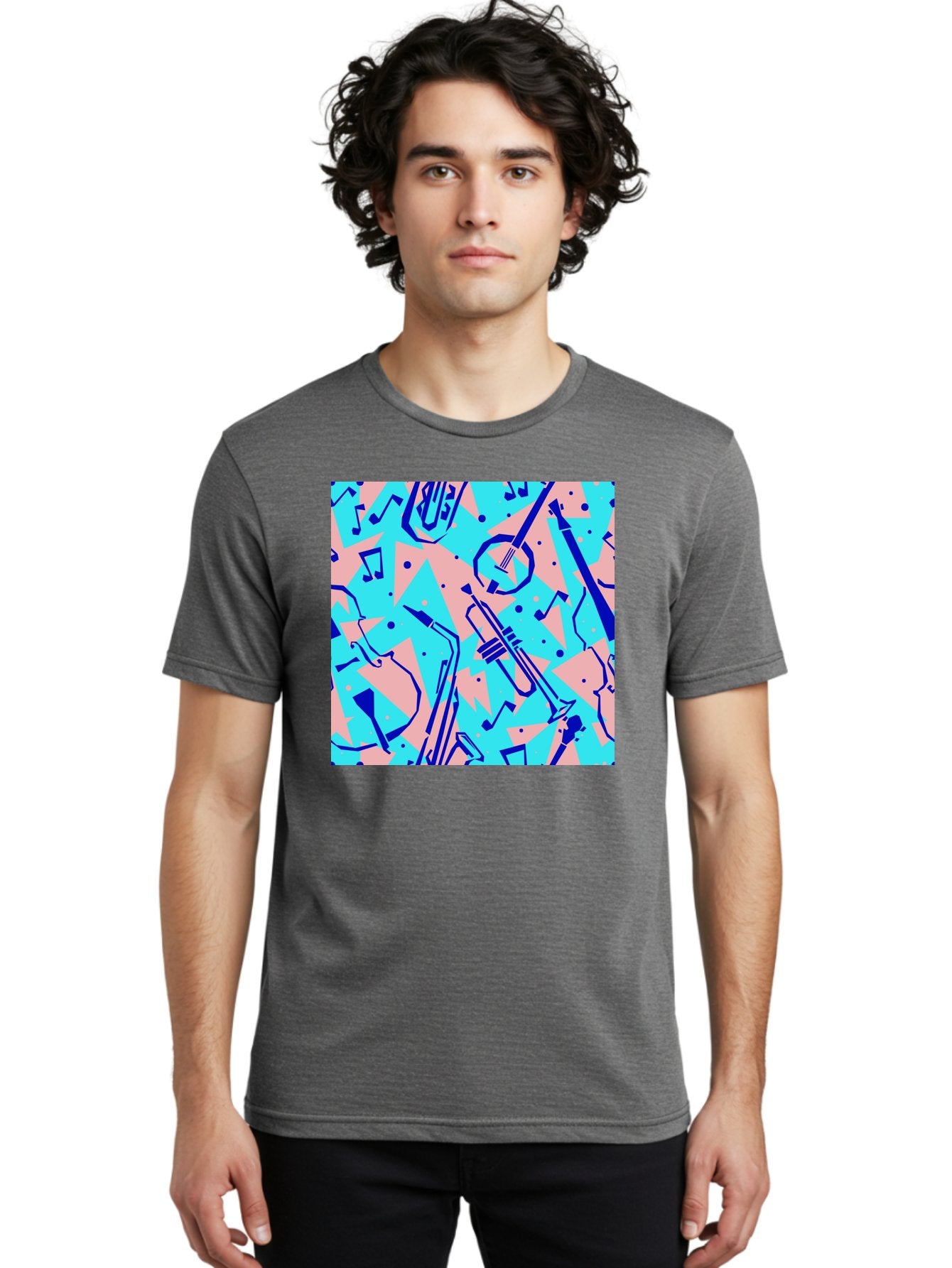 Music-Instruments-Pattern Men'S Graphic Tee, 100% Cotton, Comfortable Casual Summer Wear, Machine Washable, Musical Instruments, Jazz Instruments, Trumpet, Saxophone, Music Notes, Abstract Pattern, Creative Design, Vibrant Colors, Aac408 22