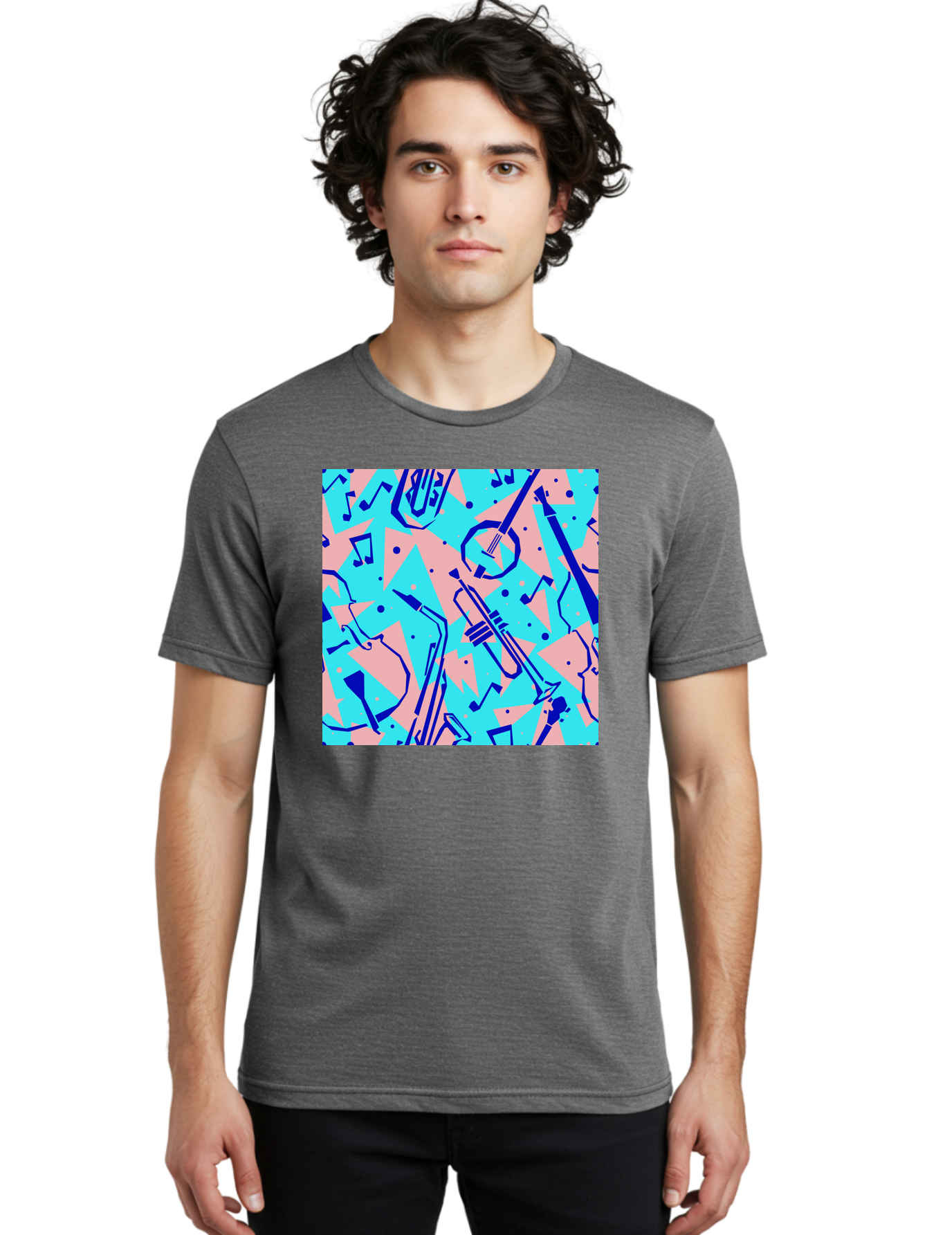 Music-Instruments-Pattern Men'S Graphic Tee, 100% Cotton, Comfortable Casual Summer Wear, Machine Washable, Musical Instruments, Jazz Instruments, Trumpet, Saxophone, Music Notes, Abstract Pattern, Creative Design, Vibrant Colors, Aac408 18