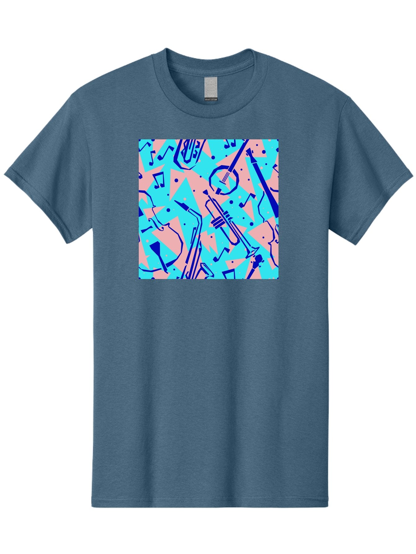 Music-Instruments-Pattern Men'S Graphic Tee, 100% Cotton, Comfortable Casual Summer Wear, Machine Washable, Musical Instruments, Jazz Instruments, Trumpet, Saxophone, Music Notes, Abstract Pattern, Creative Design, Vibrant Colors, Aac408