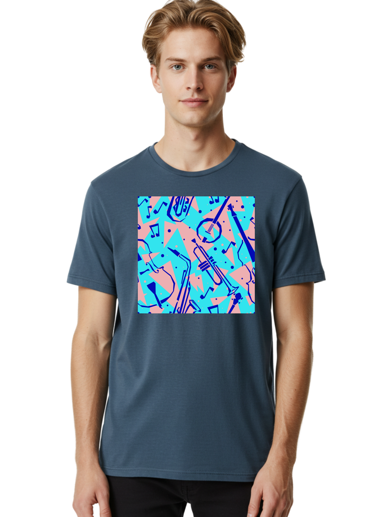 Music-Instruments-Pattern Men'S Graphic Tee, 100% Cotton, Comfortable Casual Summer Wear, Machine Washable, Musical Instruments, Jazz Instruments, Trumpet, Saxophone, Music Notes, Abstract Pattern, Creative Design, Vibrant Colors, Aac408 20