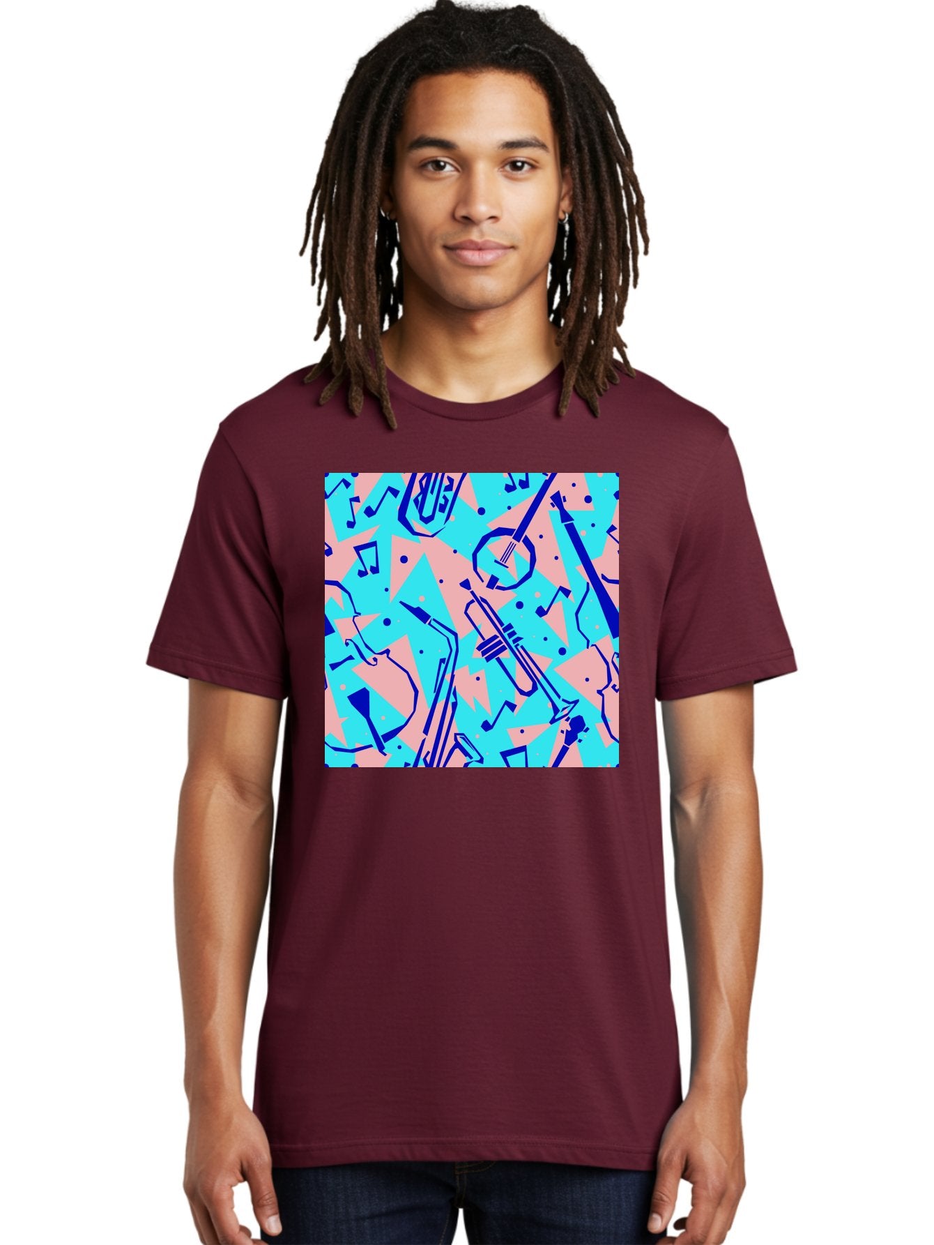 Music-Instruments-Pattern Men'S Graphic Tee, 100% Cotton, Comfortable Casual Summer Wear, Machine Washable, Musical Instruments, Jazz Instruments, Trumpet, Saxophone, Music Notes, Abstract Pattern, Creative Design, Vibrant Colors, Aac408 28