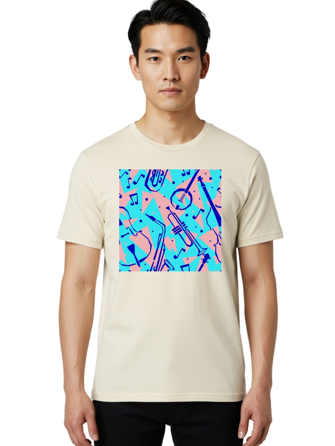 Music-Instruments-Pattern Men'S Graphic Tee, 100% Cotton, Comfortable Casual Summer Wear, Machine Washable, Musical Instruments, Jazz Instruments, Trumpet, Saxophone, Music Notes, Abstract Pattern, Creative Design, Vibrant Colors, Aac408 26