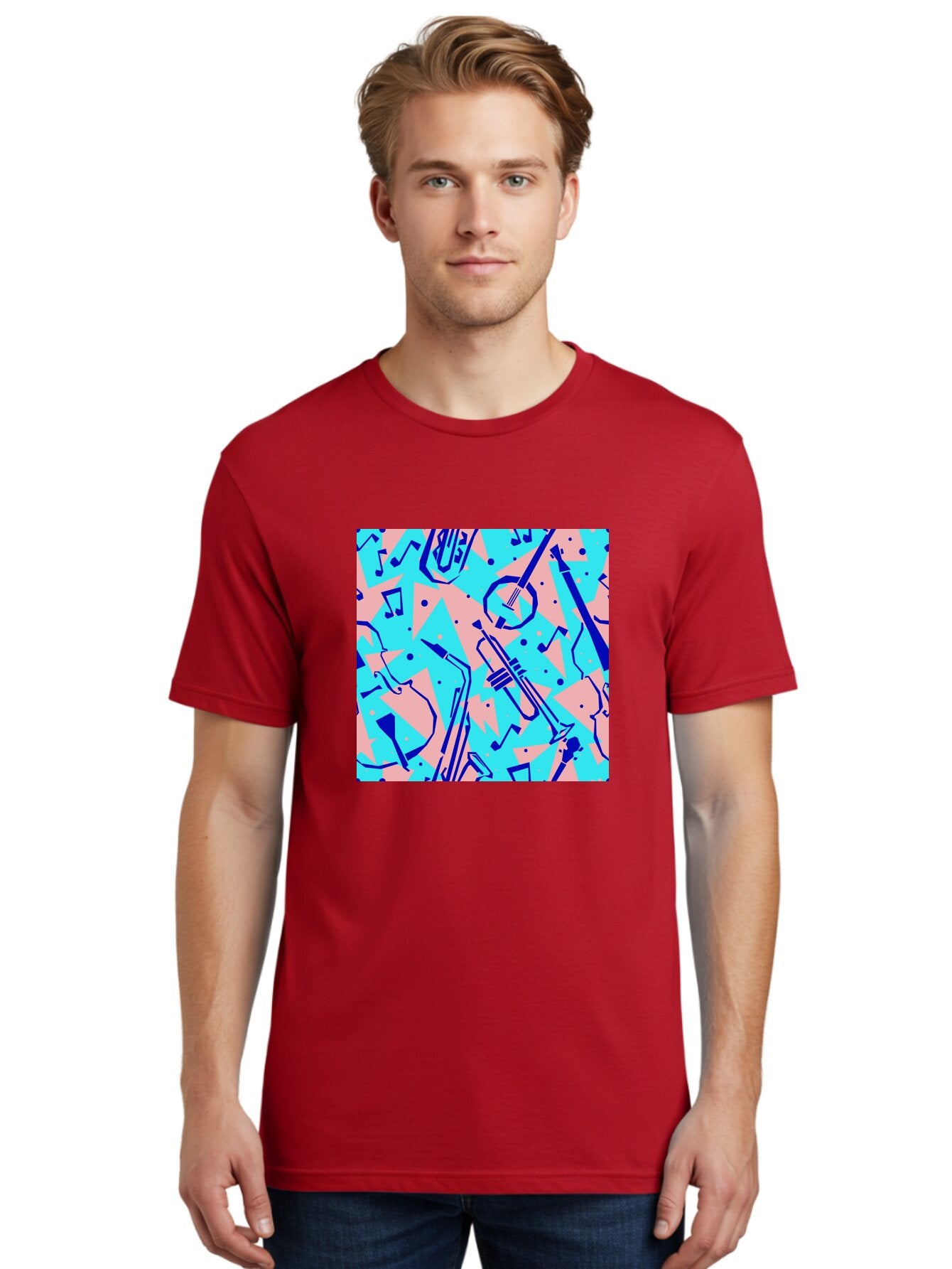 Music-Instruments-Pattern Men'S Graphic Tee, 100% Cotton, Comfortable Casual Summer Wear, Machine Washable, Musical Instruments, Jazz Instruments, Trumpet, Saxophone, Music Notes, Abstract Pattern, Creative Design, Vibrant Colors, Aac408 25