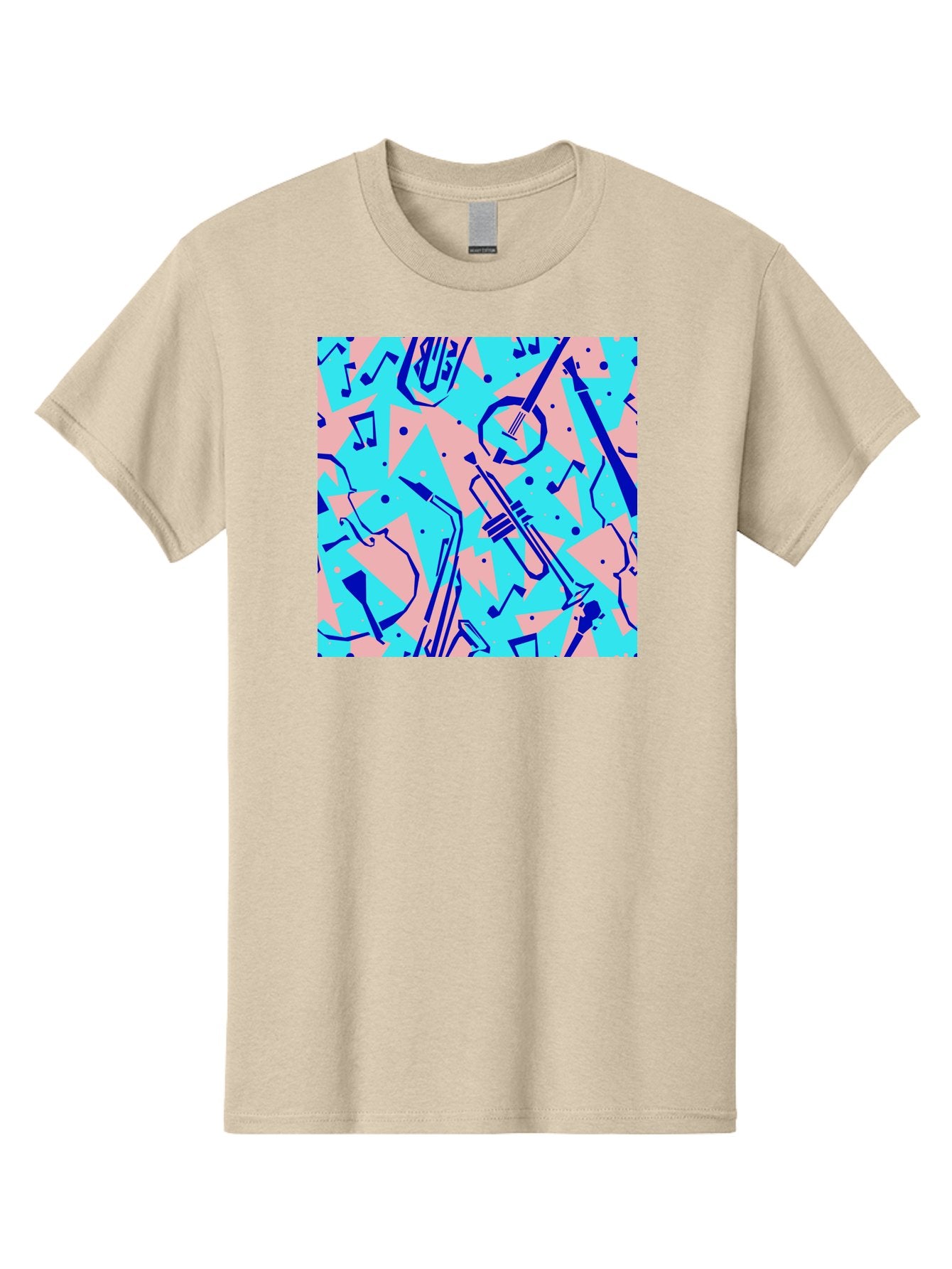Music-Instruments-Pattern Men'S Graphic Tee, 100% Cotton, Comfortable Casual Summer Wear, Machine Washable, Musical Instruments, Jazz Instruments, Trumpet, Saxophone, Music Notes, Abstract Pattern, Creative Design, Vibrant Colors, Aac408 15