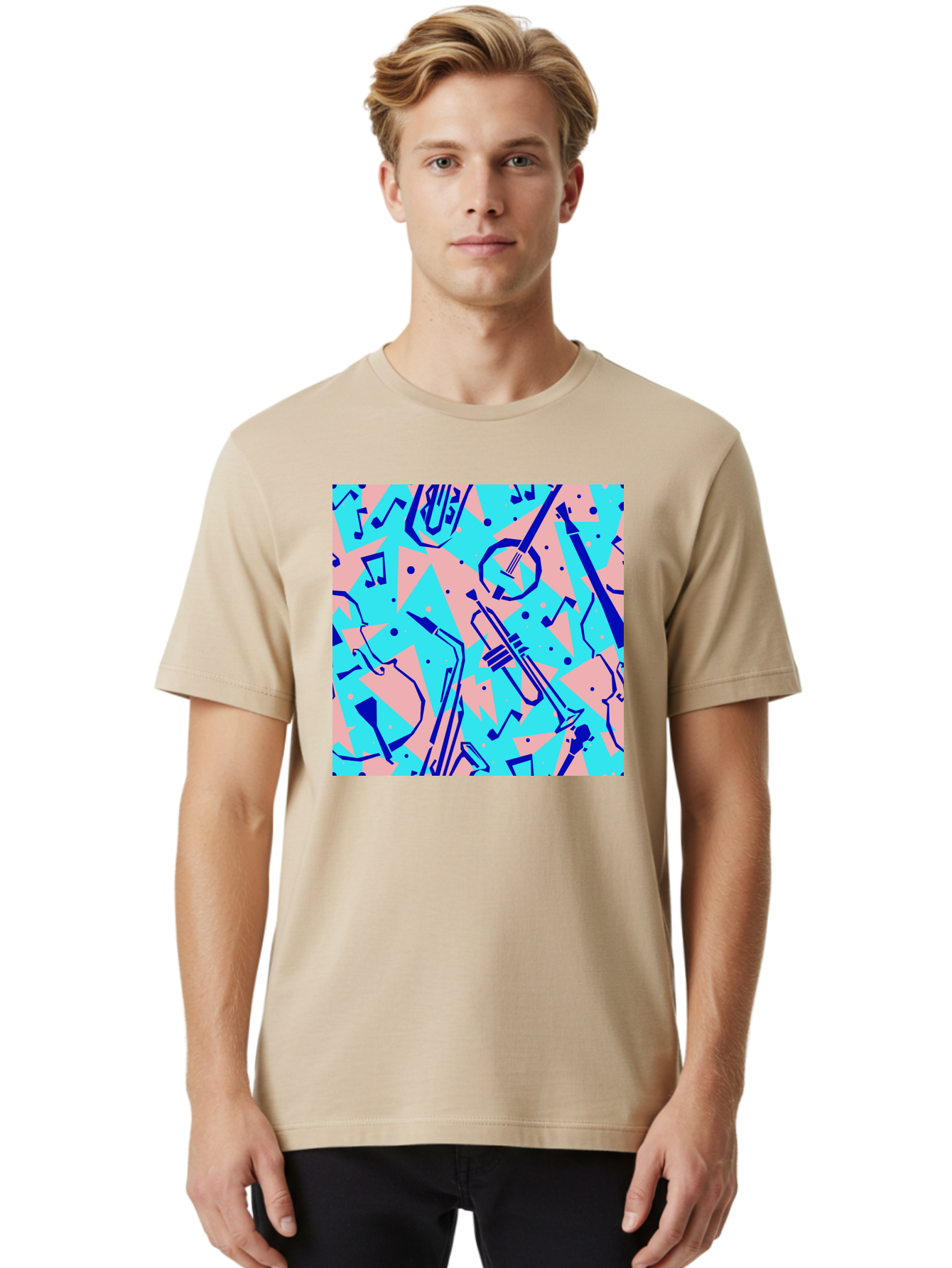 Music-Instruments-Pattern Men'S Graphic Tee, 100% Cotton, Comfortable Casual Summer Wear, Machine Washable, Musical Instruments, Jazz Instruments, Trumpet, Saxophone, Music Notes, Abstract Pattern, Creative Design, Vibrant Colors, Aac408