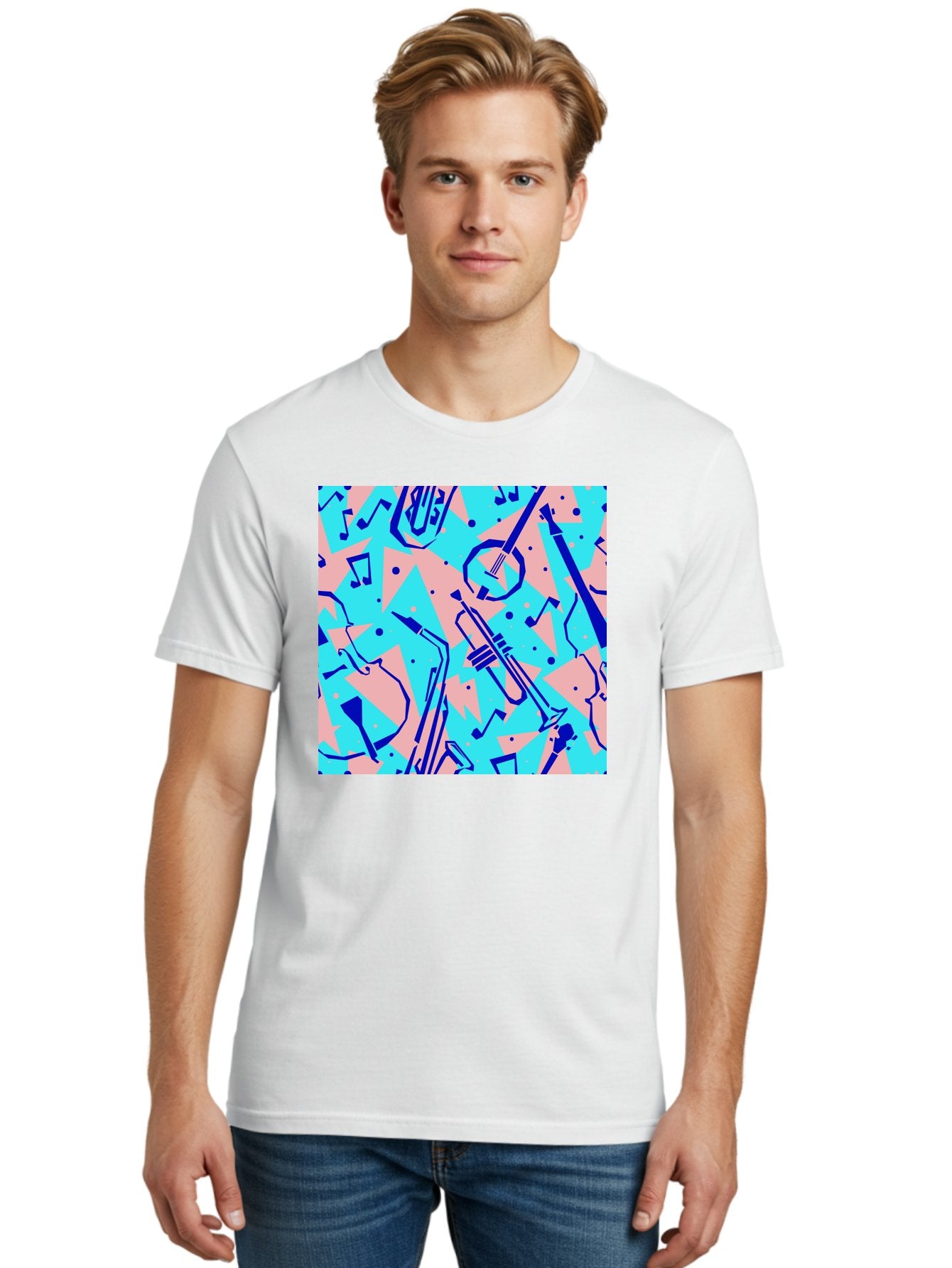 Music-Instruments-Pattern Men'S Graphic Tee, 100% Cotton, Comfortable Casual Summer Wear, Machine Washable, Musical Instruments, Jazz Instruments, Trumpet, Saxophone, Music Notes, Abstract Pattern, Creative Design, Vibrant Colors, Aac408 23