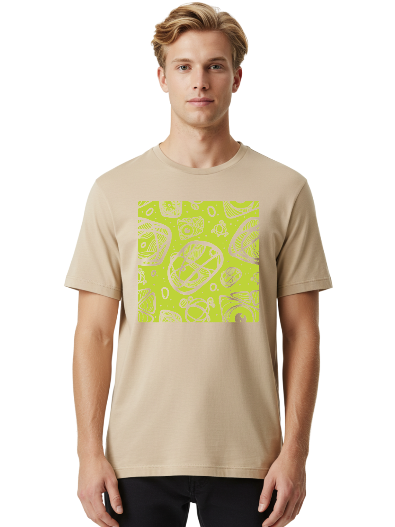 Ocean-Life Men'S Graphic Tee, 100% Cotton, Comfortable Casual Summer Wear, Machine Washable, Stylish Fish Illustrations, Ocean Creatures, Abstract Art, White Line Drawings, Playful Patterns, Whimsical Designs, Food-Inspired Artwork, Aac409