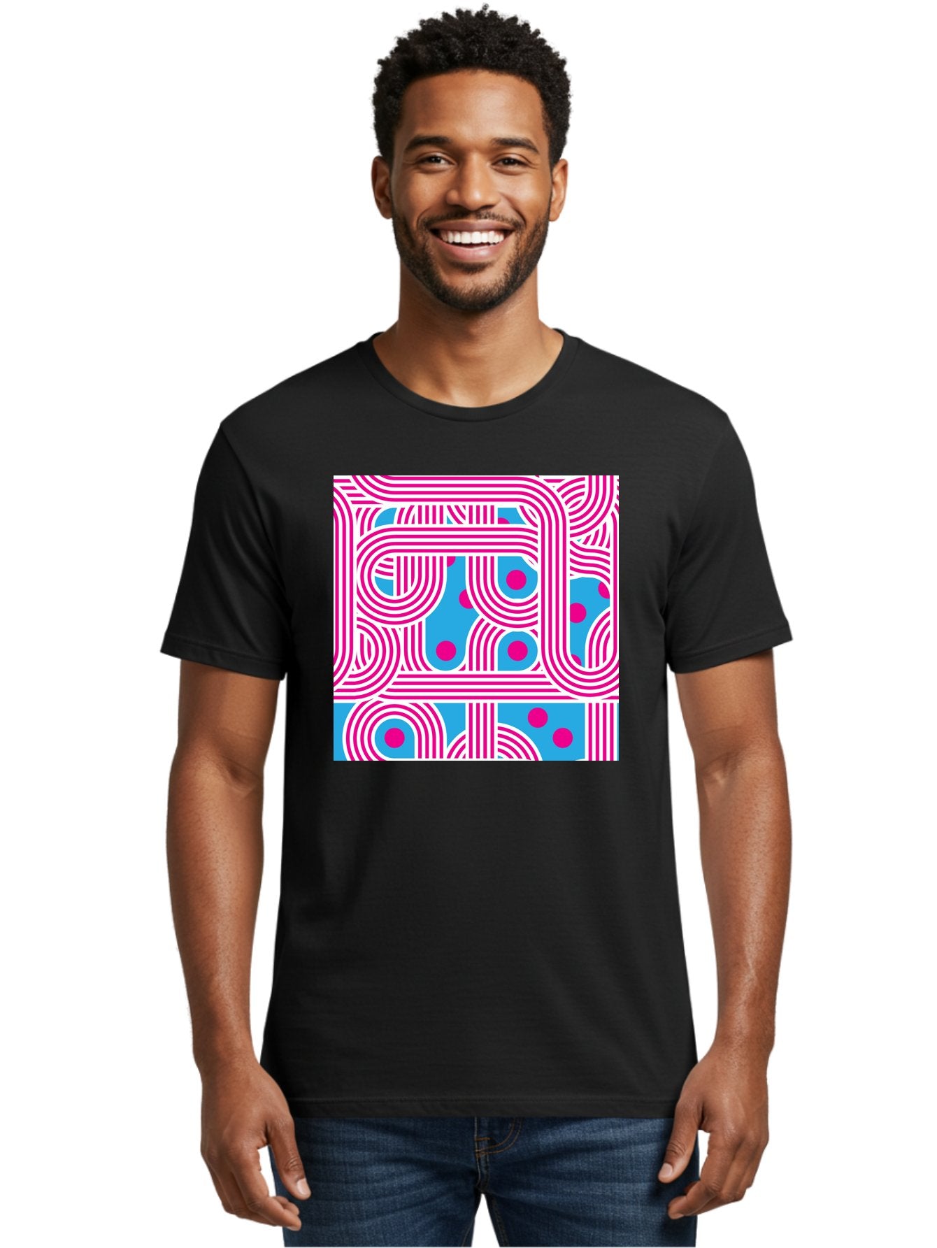 Pink-Lines-And-Dots Men'S Graphic Tee, 100% Cotton, Comfortable Casual Summer Wear, Machine Washable, Pink Lines Pattern, Blue Background, Geometric Shapes, Abstract Design, Vibrant Colors, Modern Art, Playful Graphics, Contemporary Style Aac411 17