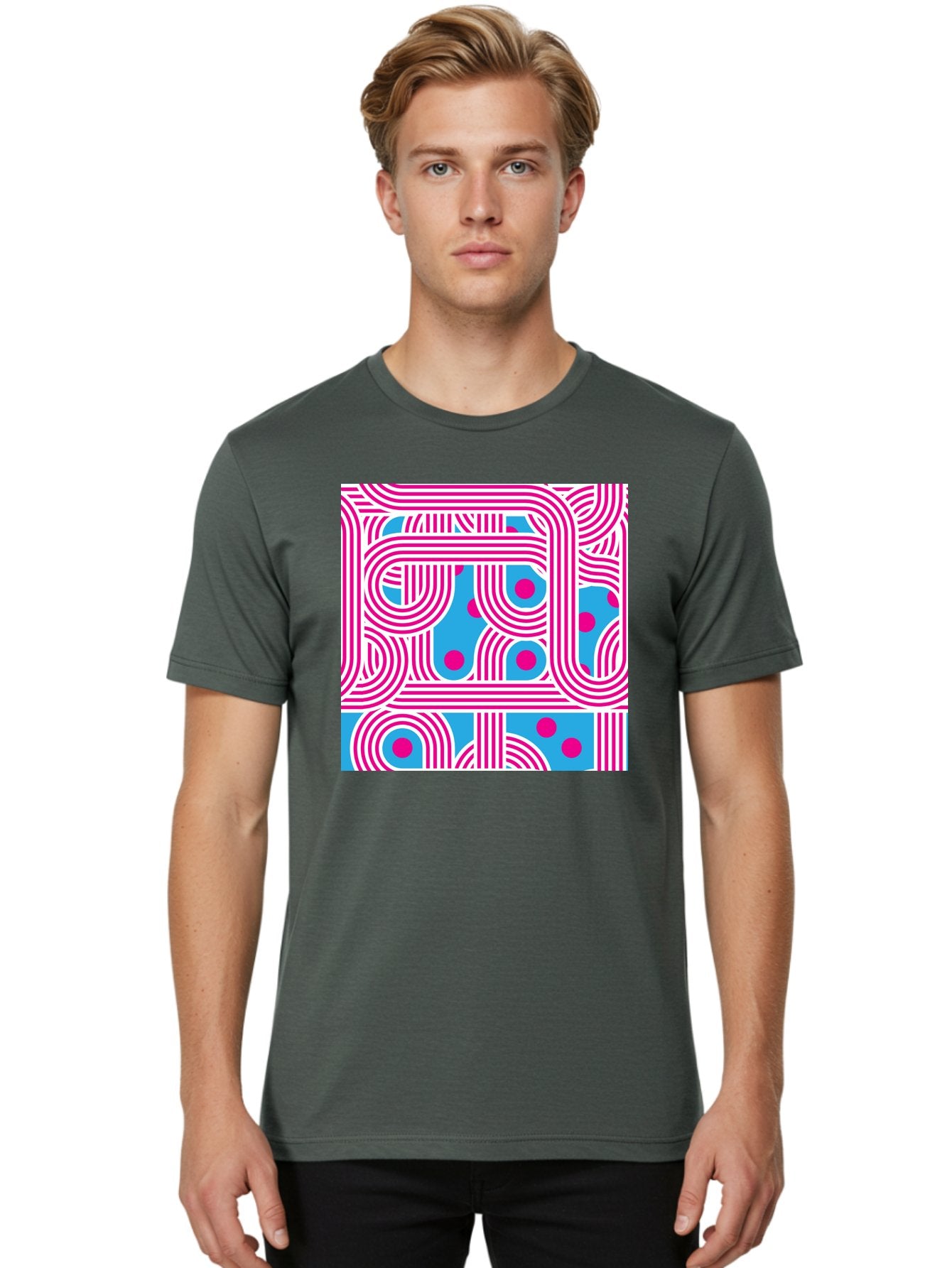 Pink-Lines-And-Dots Men'S Graphic Tee, 100% Cotton, Comfortable Casual Summer Wear, Machine Washable, Pink Lines Pattern, Blue Background, Geometric Shapes, Abstract Design, Vibrant Colors, Modern Art, Playful Graphics, Contemporary Style Aac411 22