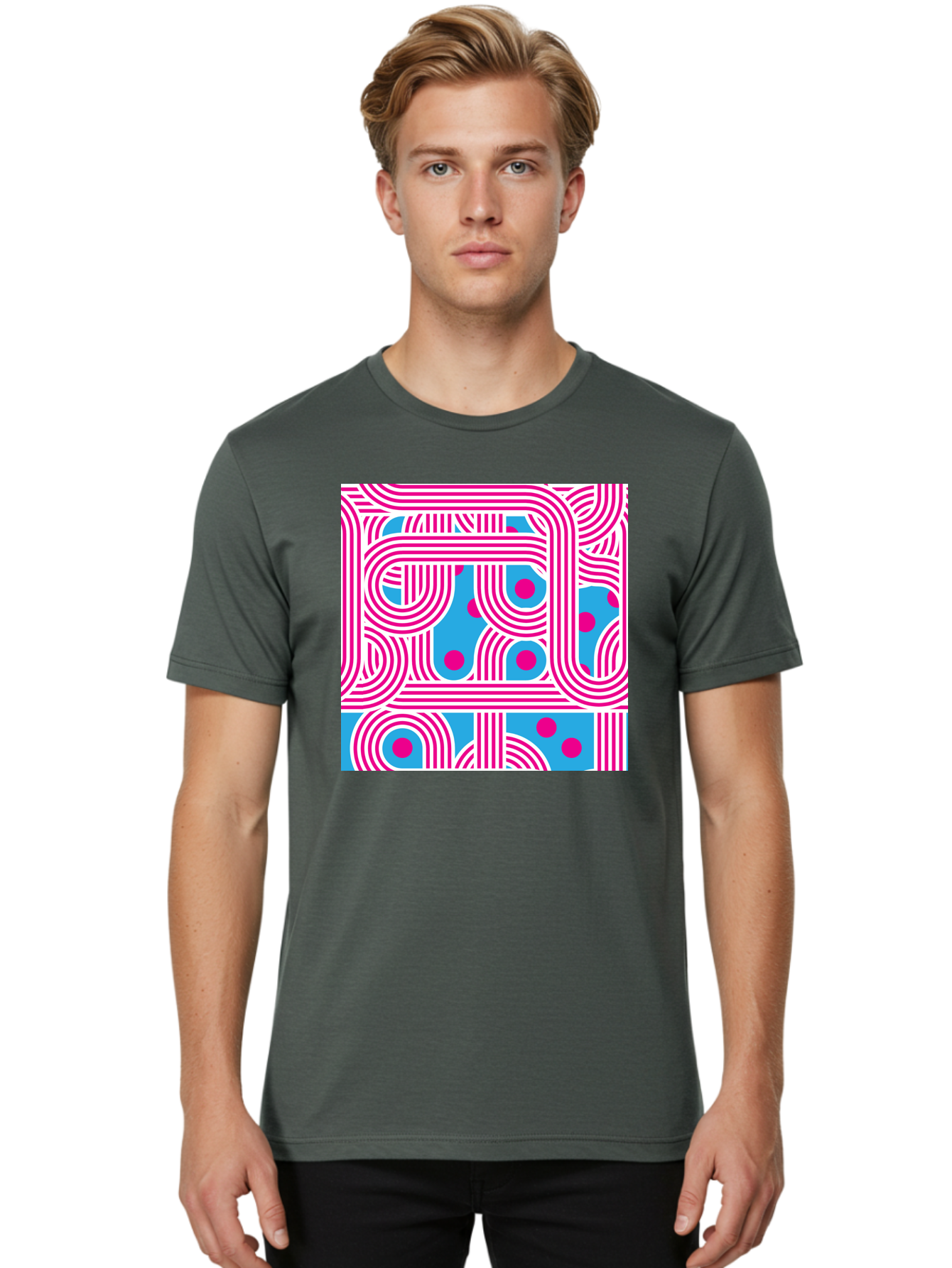 Pink-Lines-And-Dots Men'S Graphic Tee, 100% Cotton, Comfortable Casual Summer Wear, Machine Washable, Pink Lines Pattern, Blue Background, Geometric Shapes, Abstract Design, Vibrant Colors, Modern Art, Playful Graphics, Contemporary Style Aac411 18
