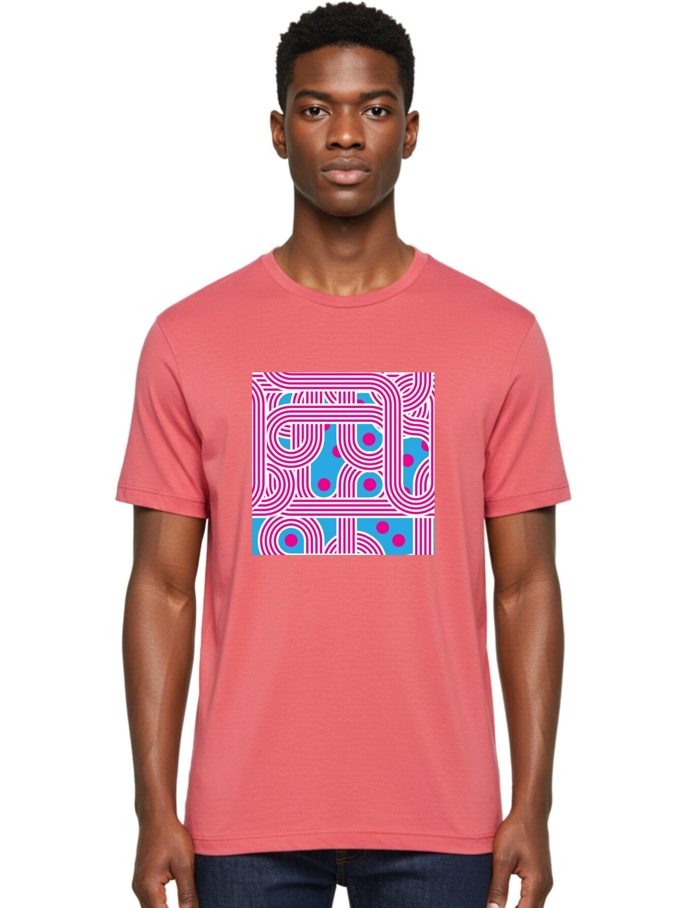 Pink-Lines-And-Dots Men'S Graphic Tee, 100% Cotton, Comfortable Casual Summer Wear, Machine Washable, Pink Lines Pattern, Blue Background, Geometric Shapes, Abstract Design, Vibrant Colors, Modern Art, Playful Graphics, Contemporary Style Aac411 16