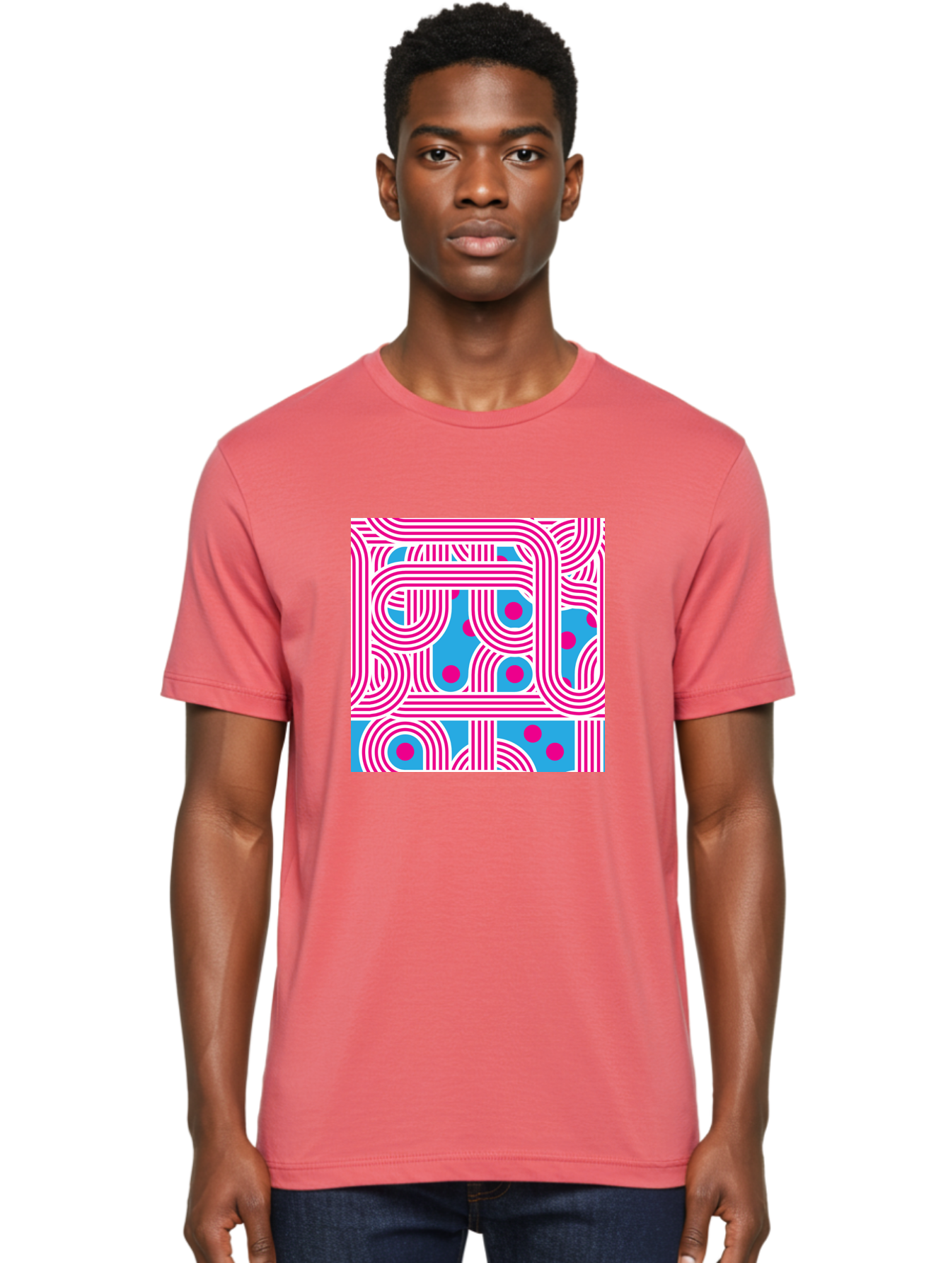 Pink-Lines-And-Dots Men'S Graphic Tee, 100% Cotton, Comfortable Casual Summer Wear, Machine Washable, Pink Lines Pattern, Blue Background, Geometric Shapes, Abstract Design, Vibrant Colors, Modern Art, Playful Graphics, Contemporary Style Aac411 26