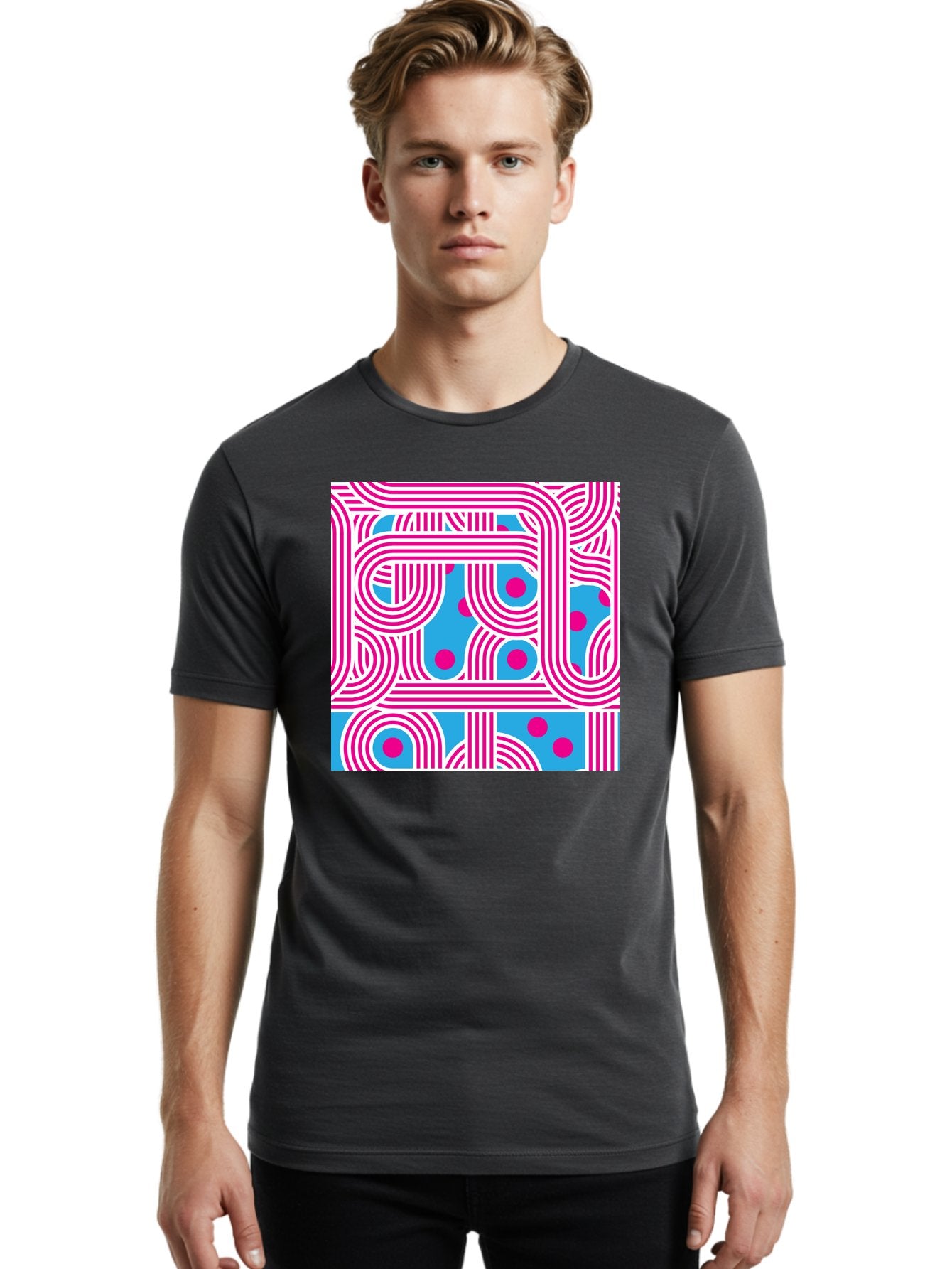 Pink-Lines-And-Dots Men'S Graphic Tee, 100% Cotton, Comfortable Casual Summer Wear, Machine Washable, Pink Lines Pattern, Blue Background, Geometric Shapes, Abstract Design, Vibrant Colors, Modern Art, Playful Graphics, Contemporary Style Aac411 30
