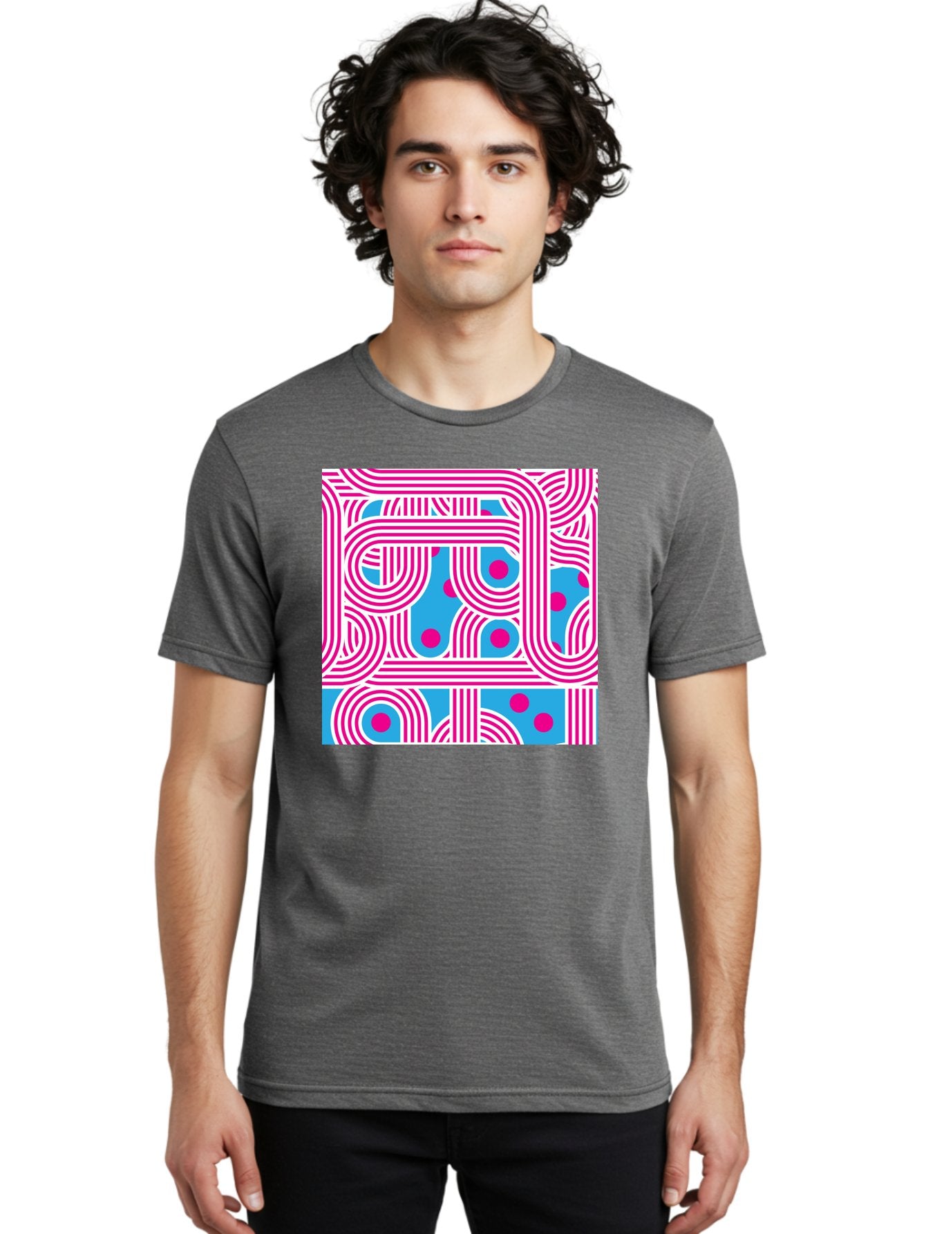 Pink-Lines-And-Dots Men'S Graphic Tee, 100% Cotton, Comfortable Casual Summer Wear, Machine Washable, Pink Lines Pattern, Blue Background, Geometric Shapes, Abstract Design, Vibrant Colors, Modern Art, Playful Graphics, Contemporary Style Aac411 28