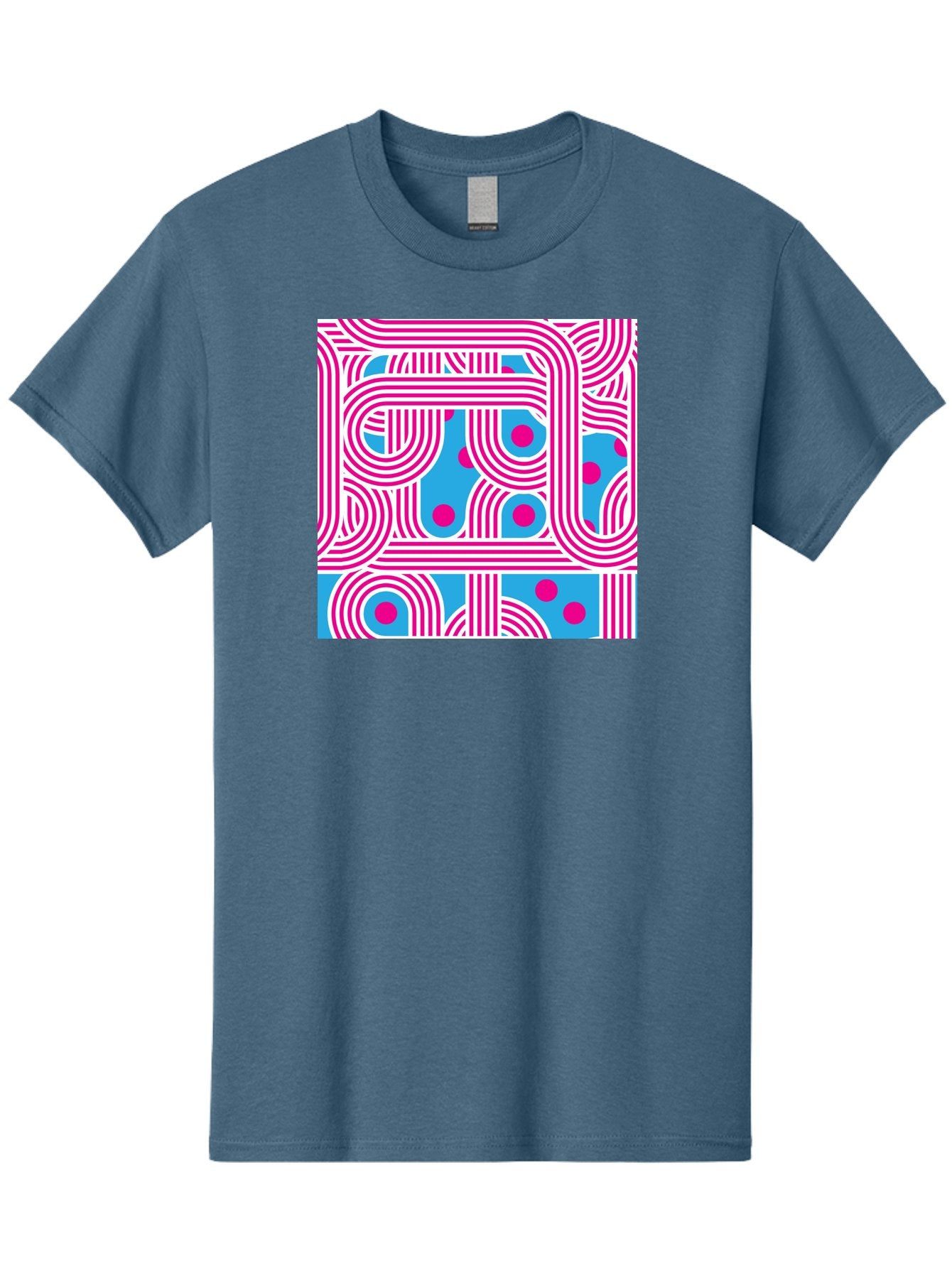 Pink-Lines-And-Dots Men'S Graphic Tee, 100% Cotton, Comfortable Casual Summer Wear, Machine Washable, Pink Lines Pattern, Blue Background, Geometric Shapes, Abstract Design, Vibrant Colors, Modern Art, Playful Graphics, Contemporary Style Aac411 8