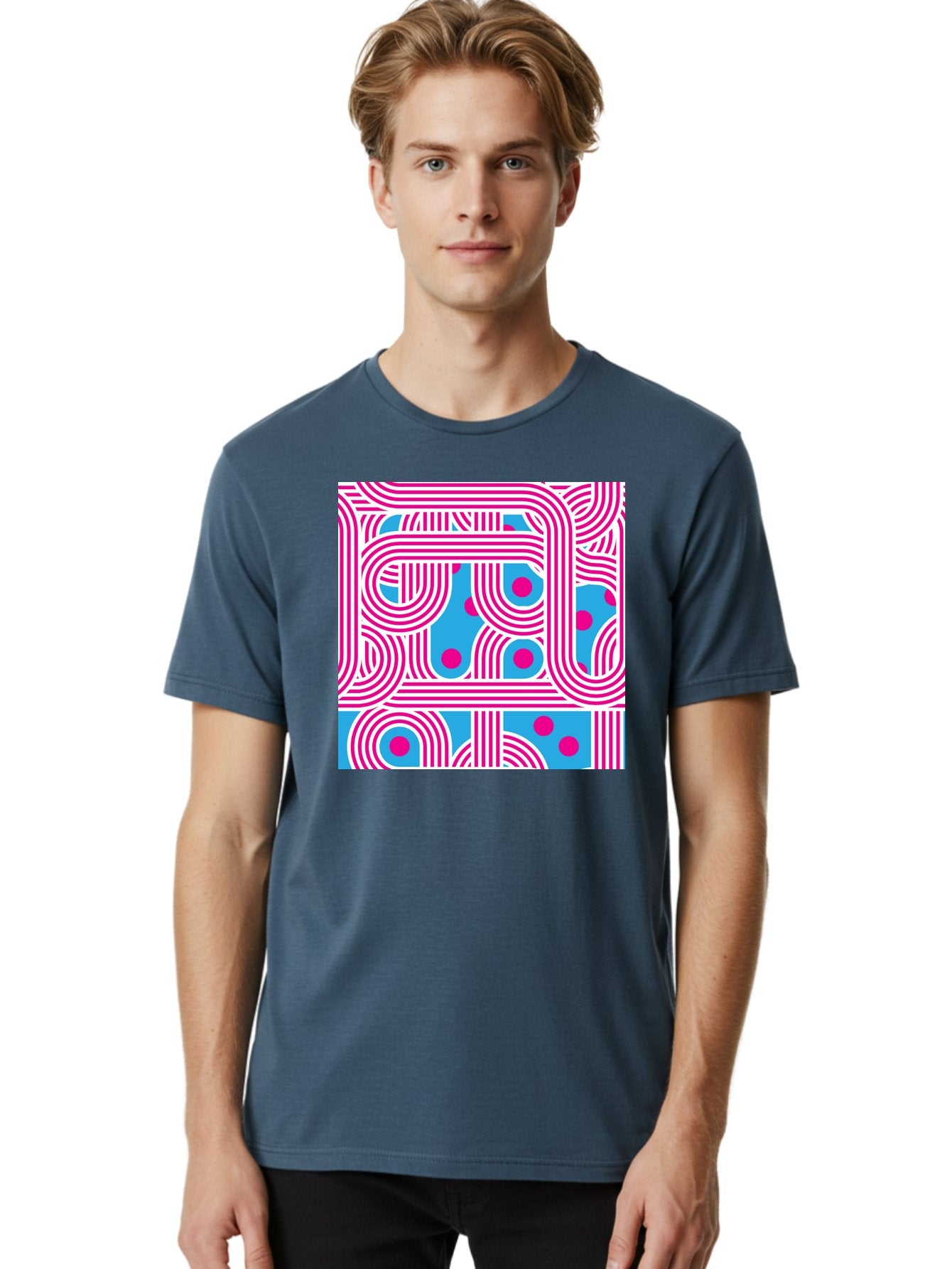 Pink-Lines-And-Dots Men'S Graphic Tee, 100% Cotton, Comfortable Casual Summer Wear, Machine Washable, Pink Lines Pattern, Blue Background, Geometric Shapes, Abstract Design, Vibrant Colors, Modern Art, Playful Graphics, Contemporary Style Aac411 25