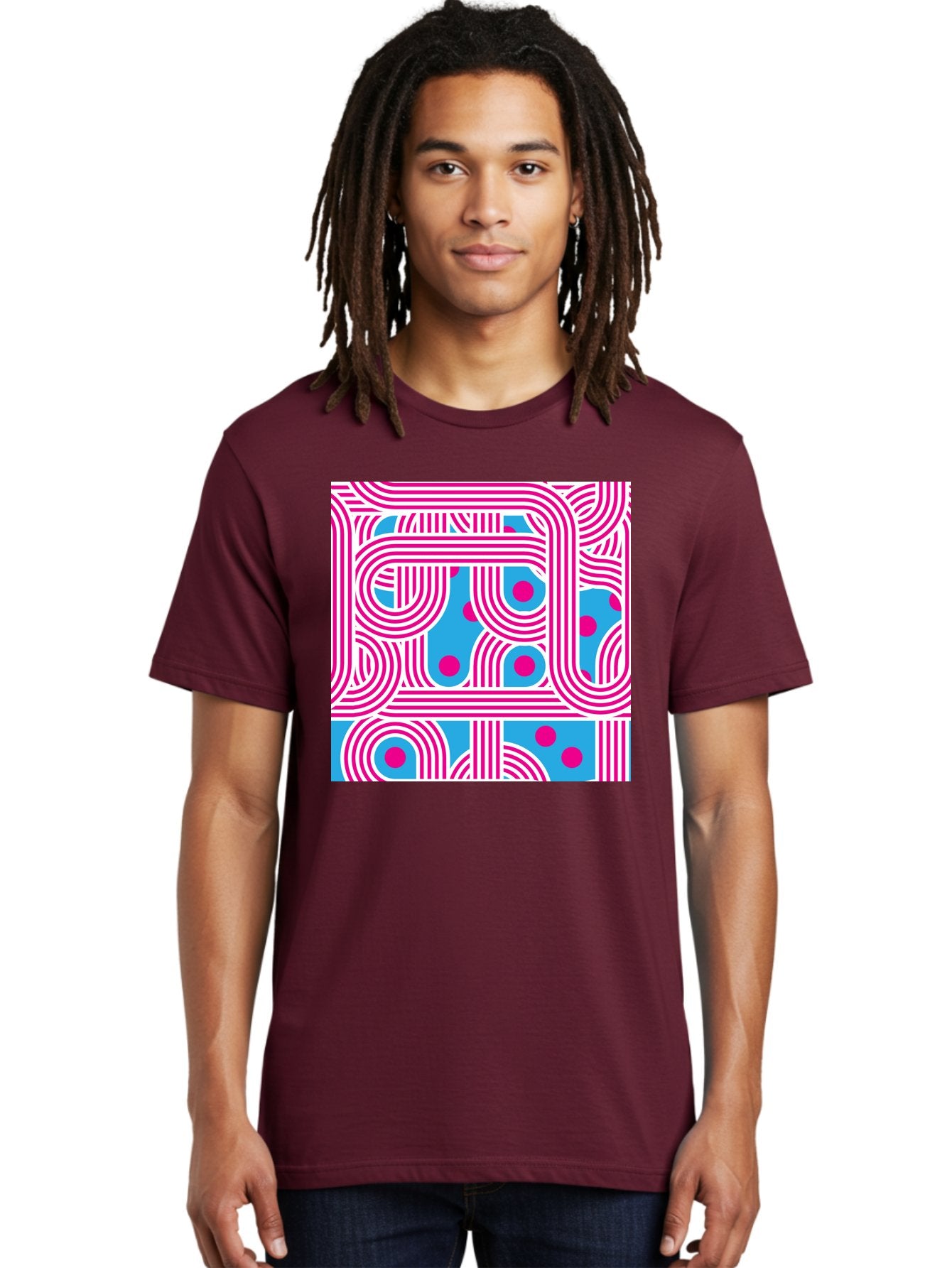 Pink-Lines-And-Dots Men'S Graphic Tee, 100% Cotton, Comfortable Casual Summer Wear, Machine Washable, Pink Lines Pattern, Blue Background, Geometric Shapes, Abstract Design, Vibrant Colors, Modern Art, Playful Graphics, Contemporary Style Aac411 23