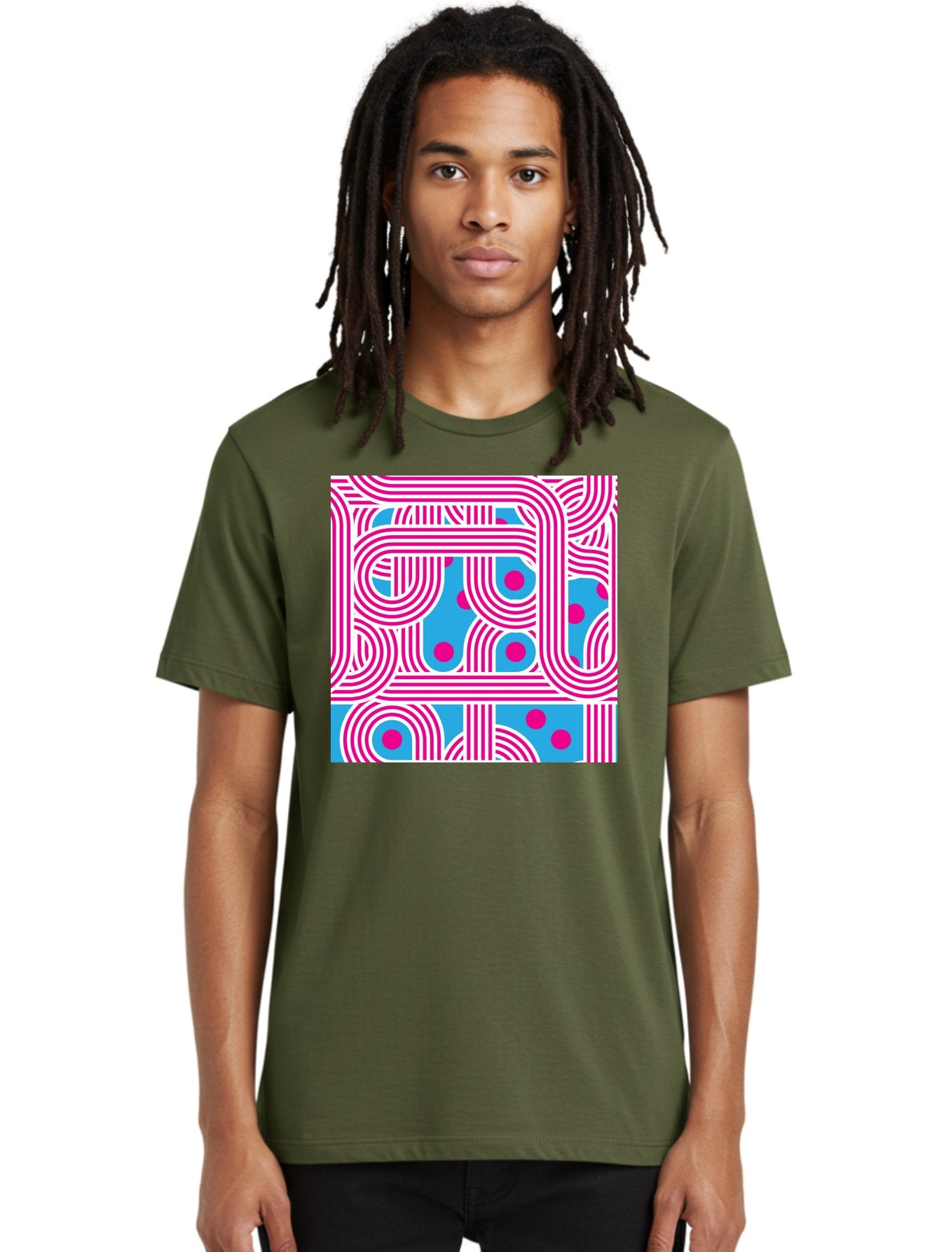 Pink-Lines-And-Dots Men'S Graphic Tee, 100% Cotton, Comfortable Casual Summer Wear, Machine Washable, Pink Lines Pattern, Blue Background, Geometric Shapes, Abstract Design, Vibrant Colors, Modern Art, Playful Graphics, Contemporary Style Aac411 29